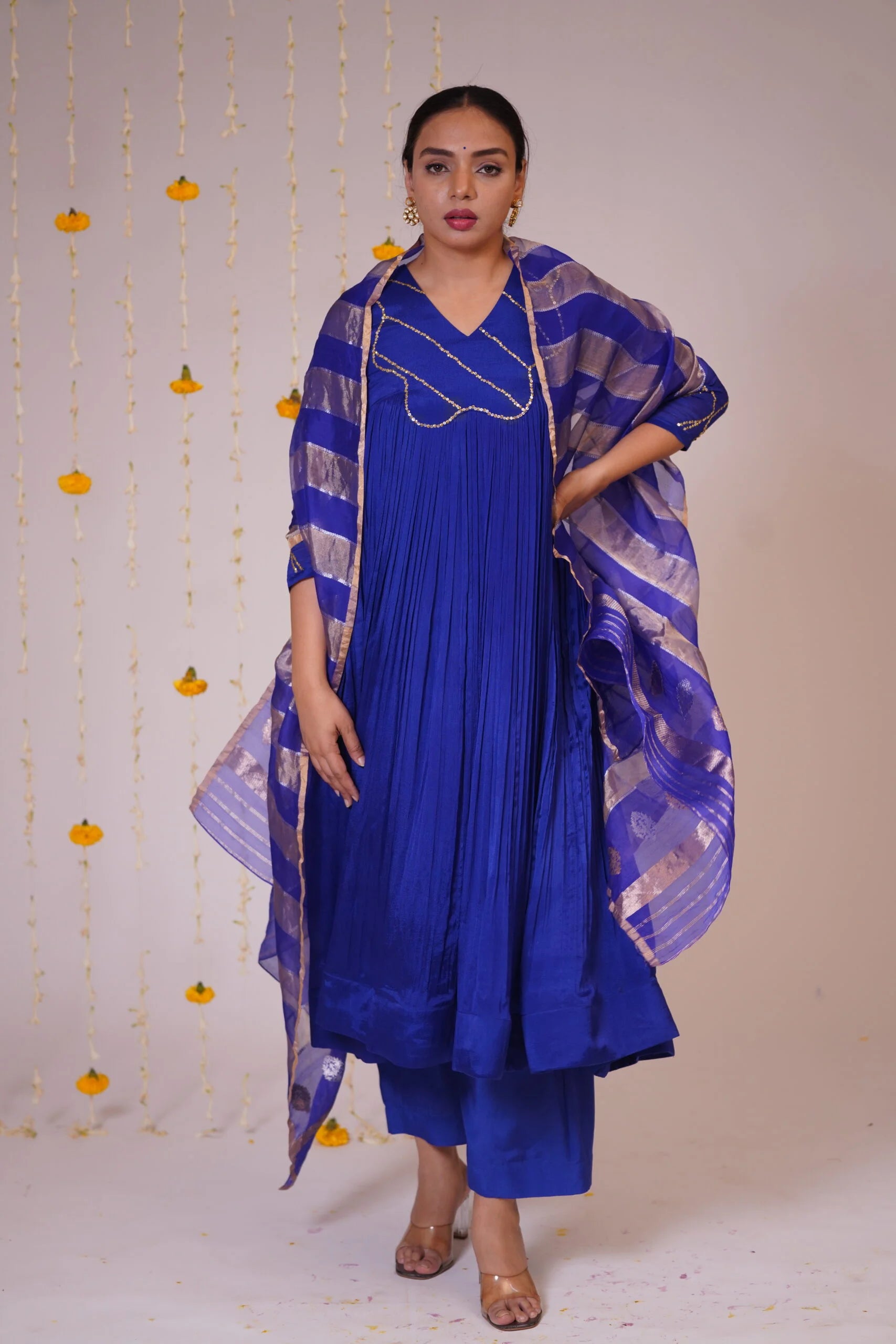 Mandhaara Nila Niram Royal Blue Raw Silk Anarkali Dress with Golden Details - Festive Anarkali