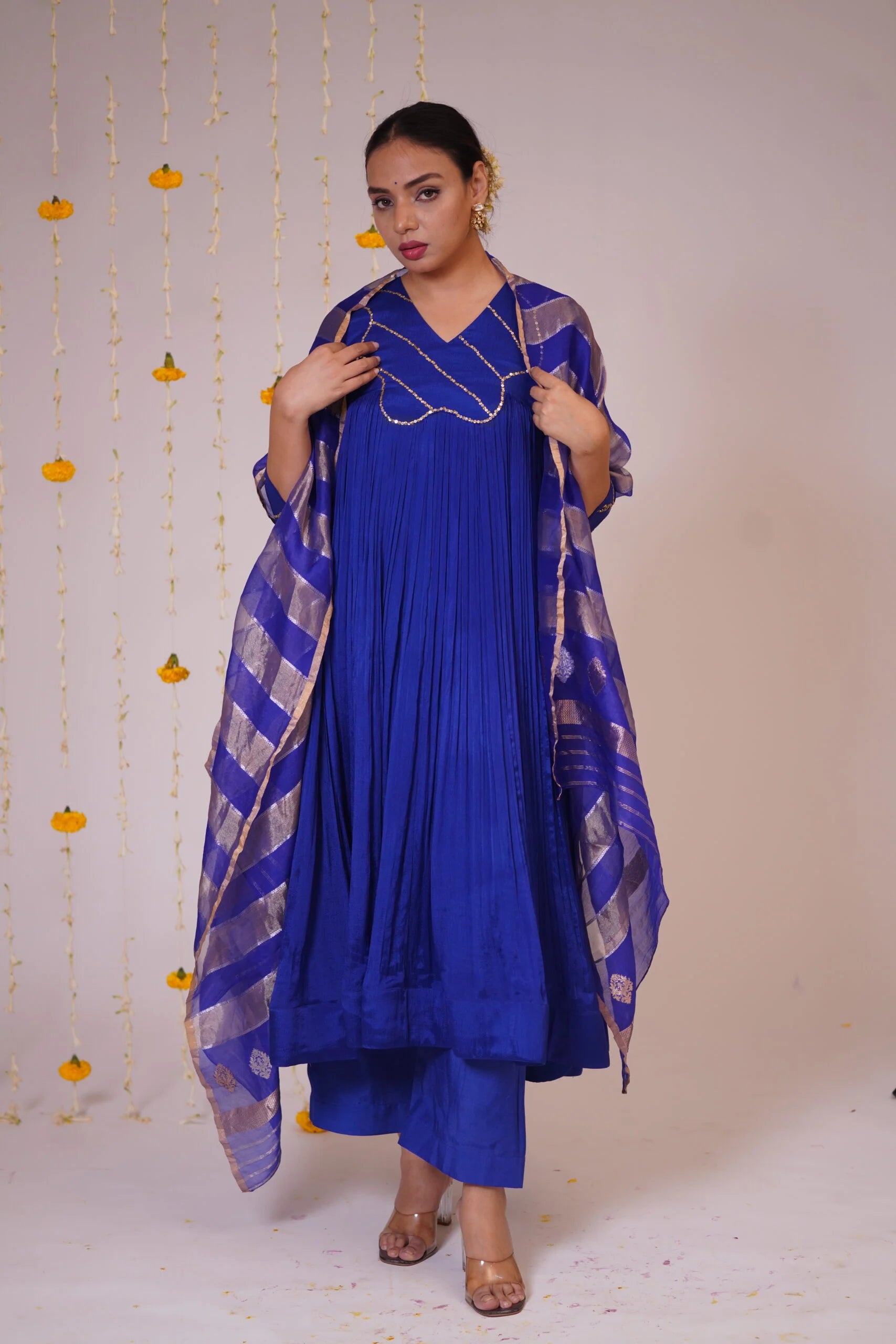 Mandhaara Nila Niram Royal Blue Raw Silk Anarkali Dress with Golden Details - Festive Anarkali