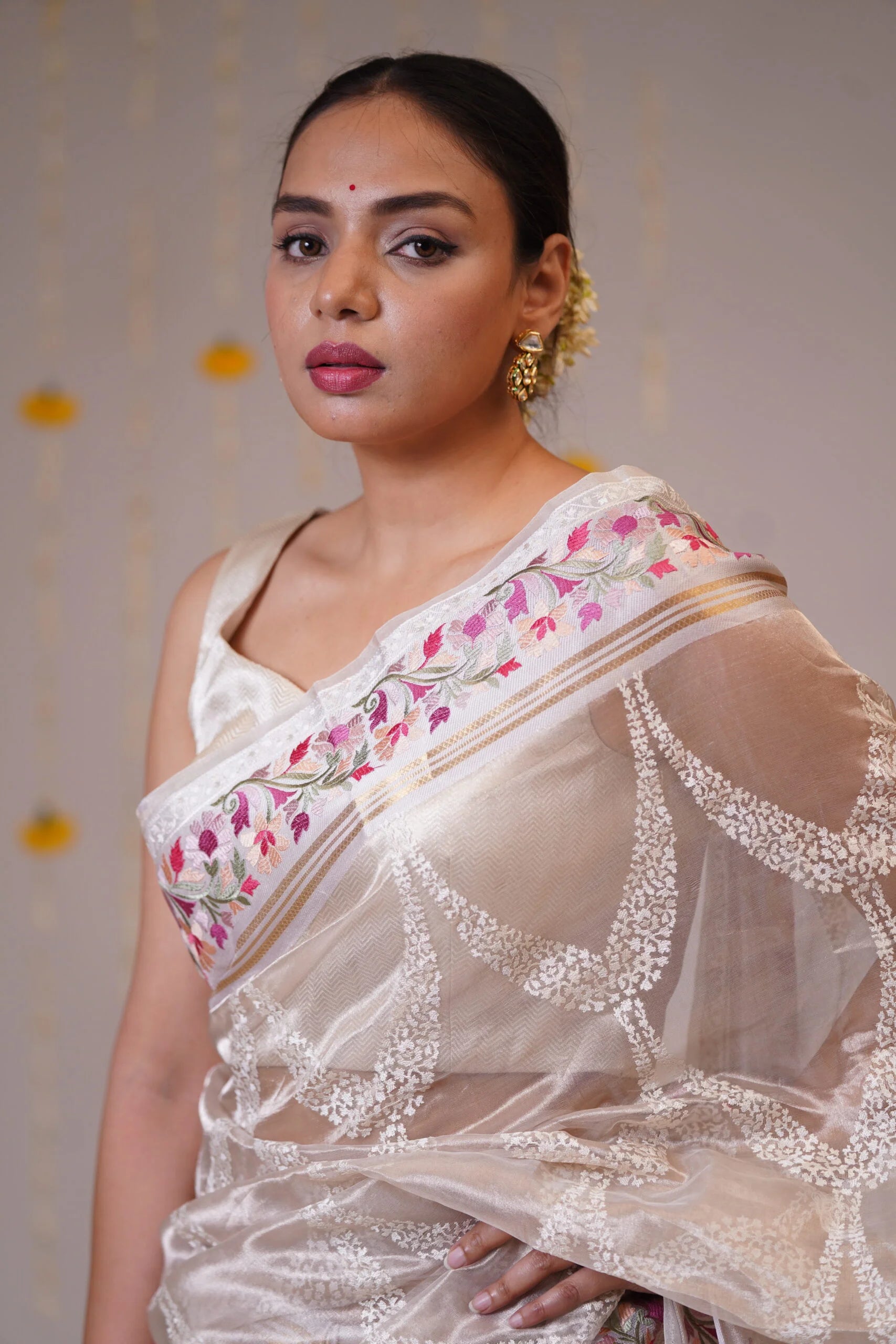 Mandhaara Shveta White & Silver Floral Embroidered Tissue Saree - Festive Wear