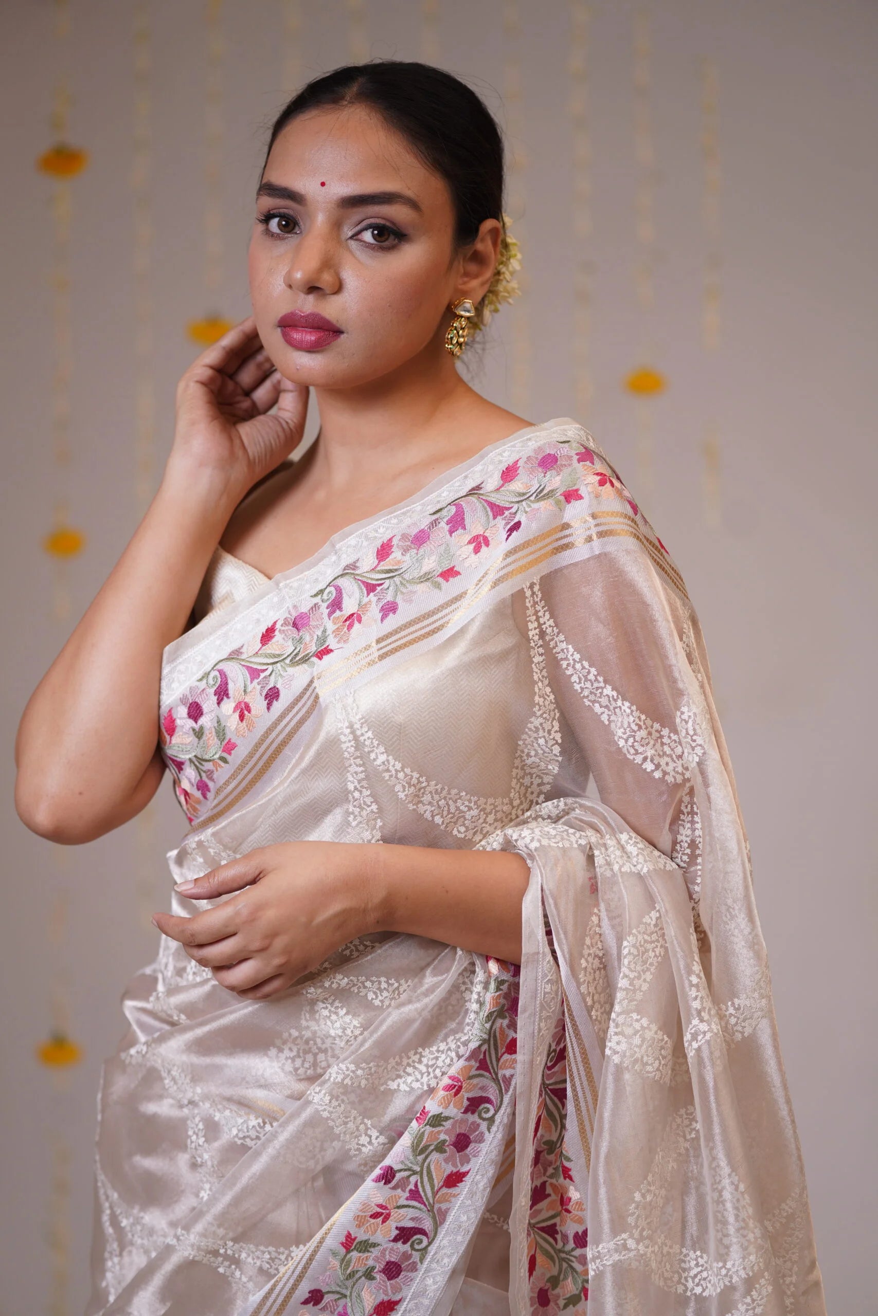 Mandhaara Shveta White & Silver Floral Embroidered Tissue Saree - Festive Wear