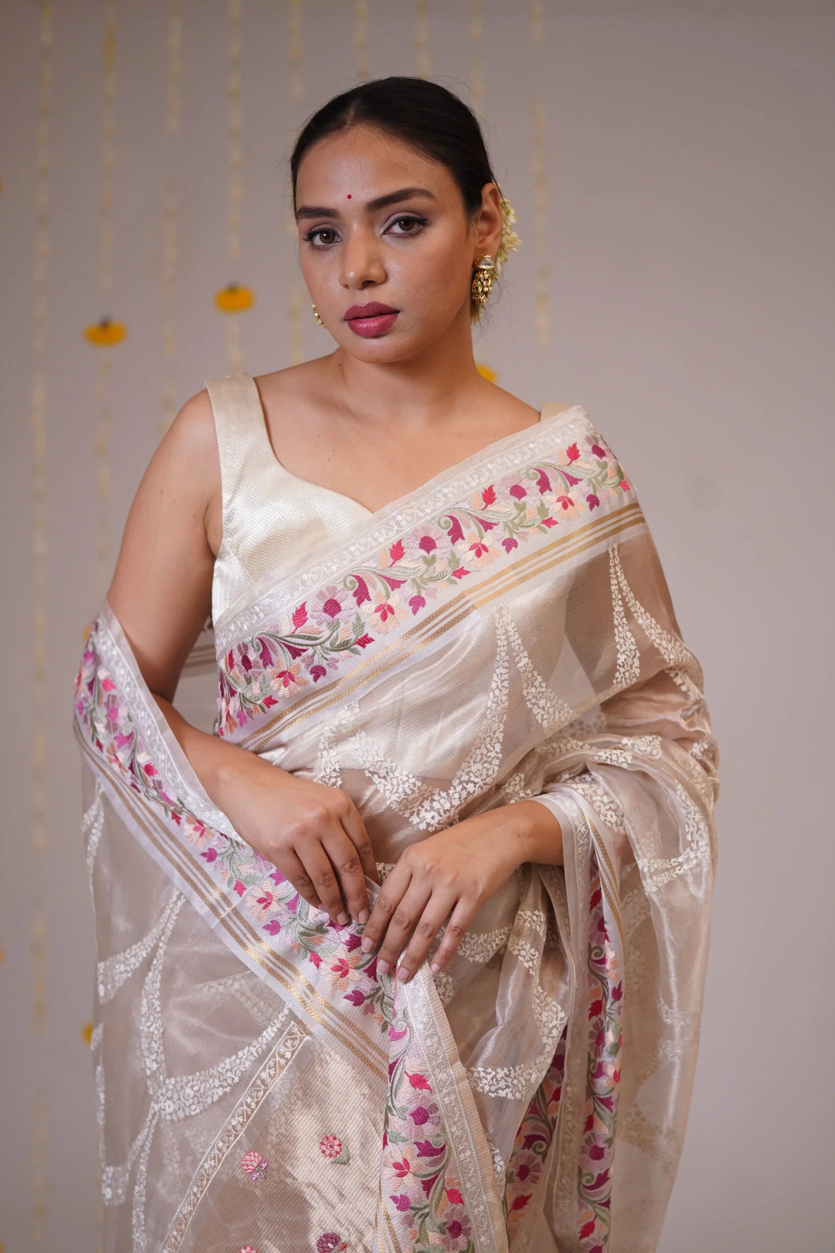 Mandhaara Shveta White & Silver Floral Embroidered Tissue Saree - Festive Wear