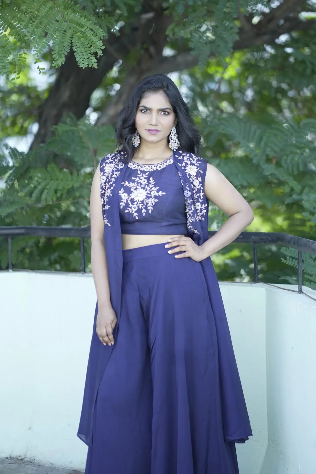 Chic Blue Midnight Dupion Silk Peplum Cape Palazzo Zardosi