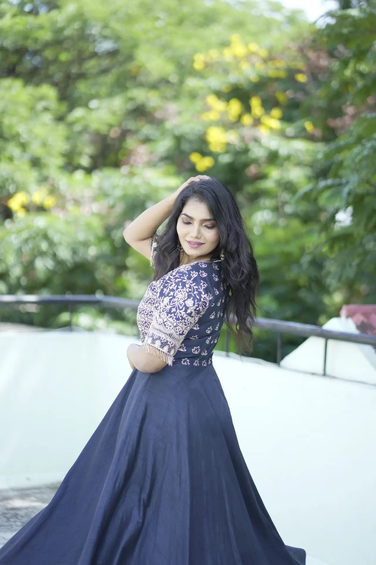 Luxurious Blue Midnight Dupion Silk Long Frock Zardosi Petai