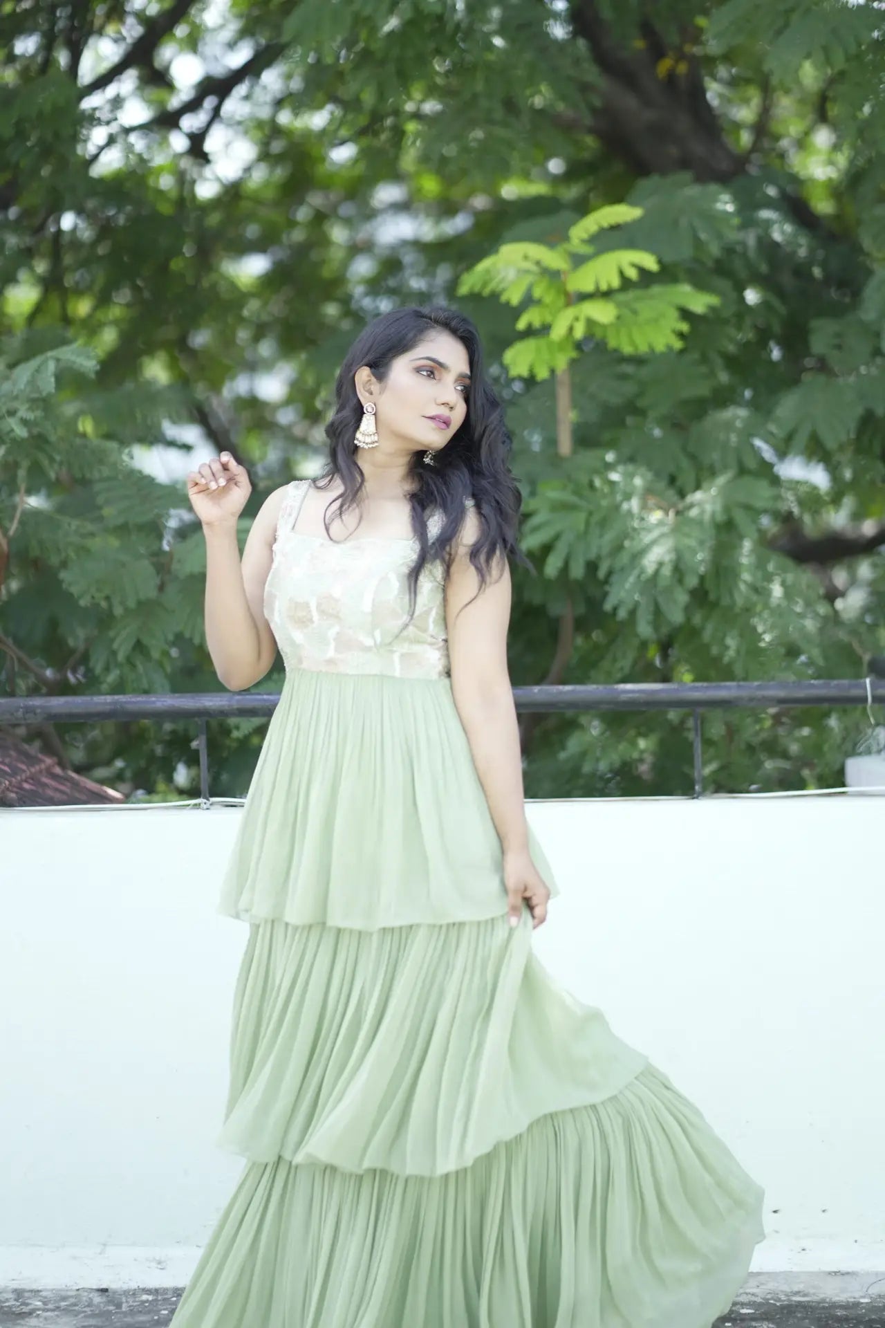 Elegant Green Pista Georgette Layered Frock Zari Cutdana
