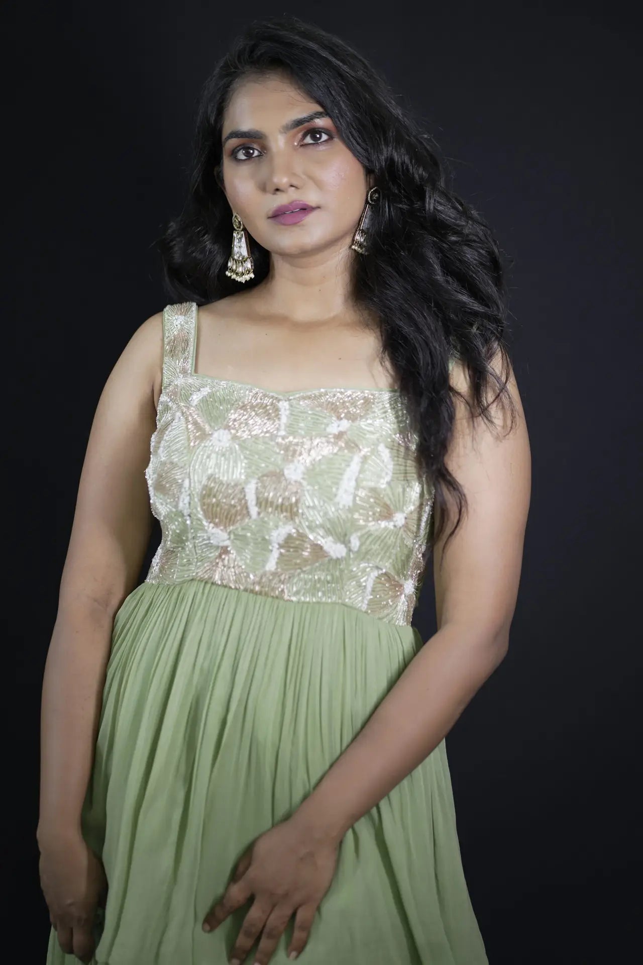 Elegant Green Pista Georgette Layered Frock Zari Cutdana
