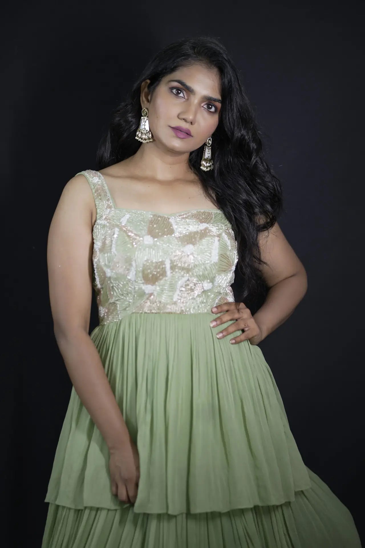 Elegant Green Pista Georgette Layered Frock Zari Cutdana