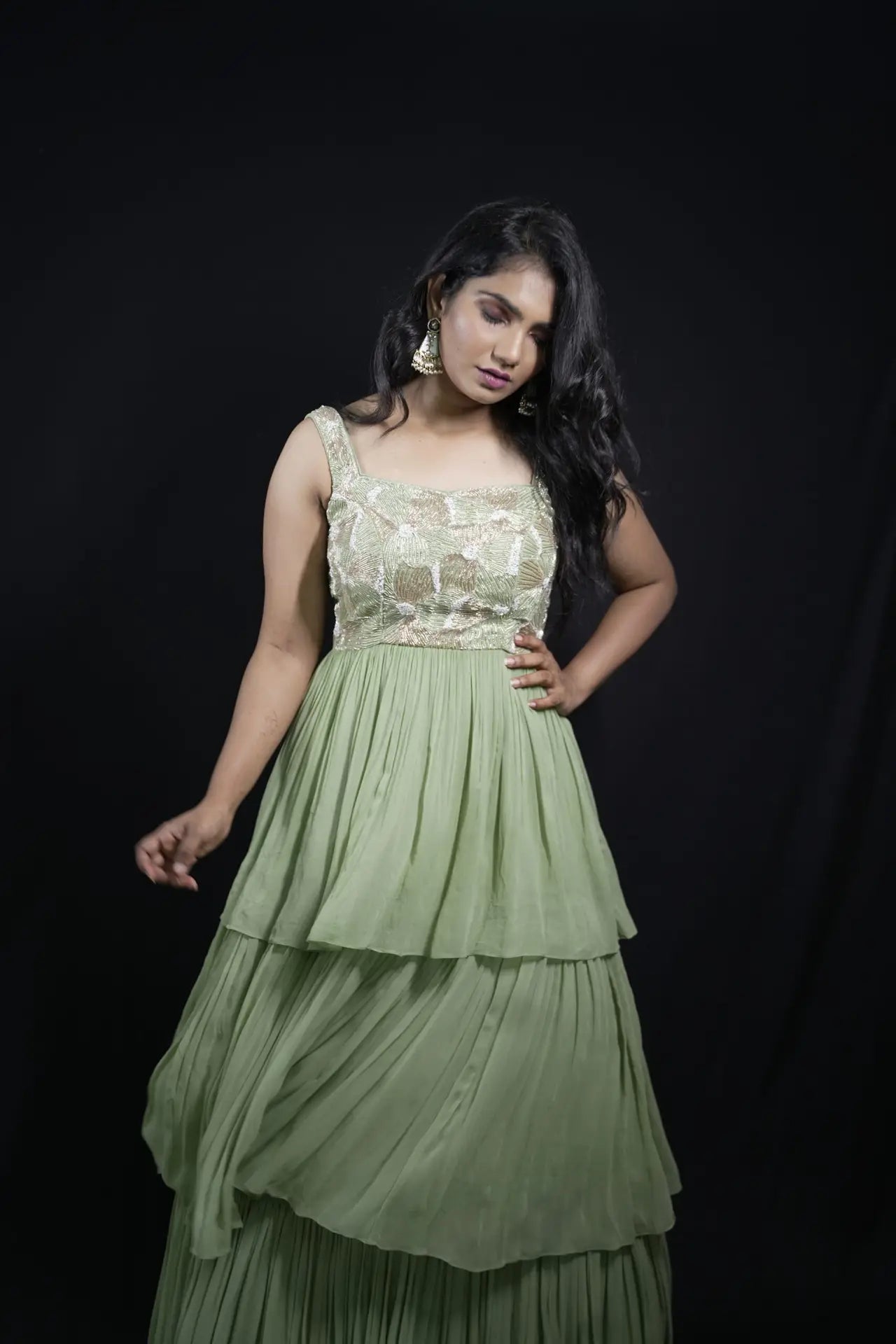Elegant Green Pista Georgette Layered Frock Zari Cutdana