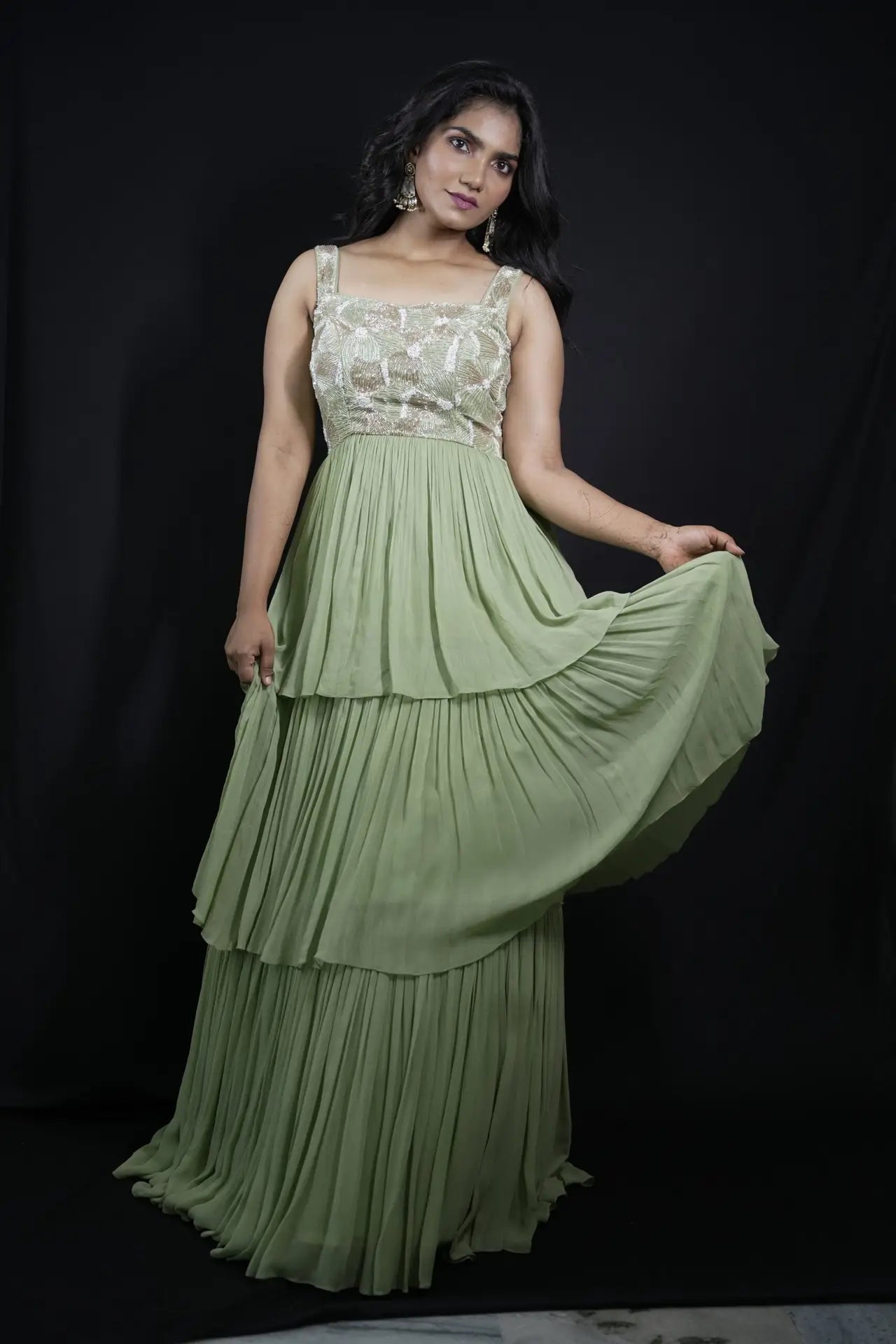 Elegant Green Pista Georgette Layered Frock Zari Cutdana