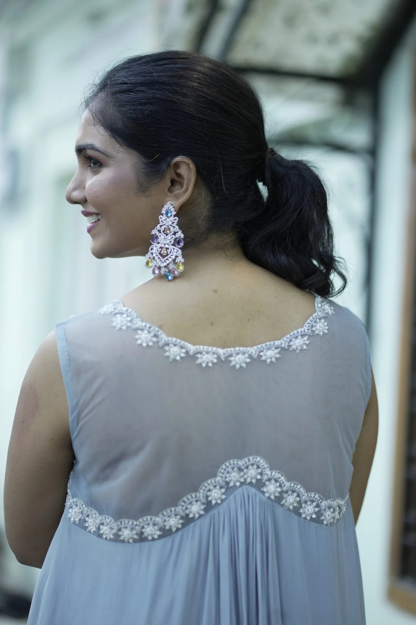 Beautiful Blue Cerulean Georgette Long Frock Pearl Embroidery