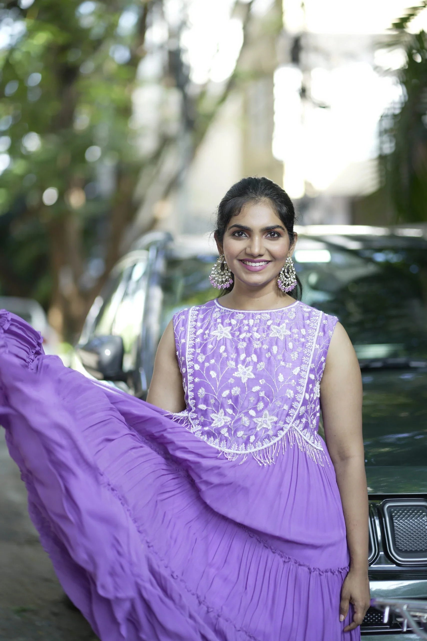 Elegant Purple Lilac Georgette Tiered Long Frock Pearl Work