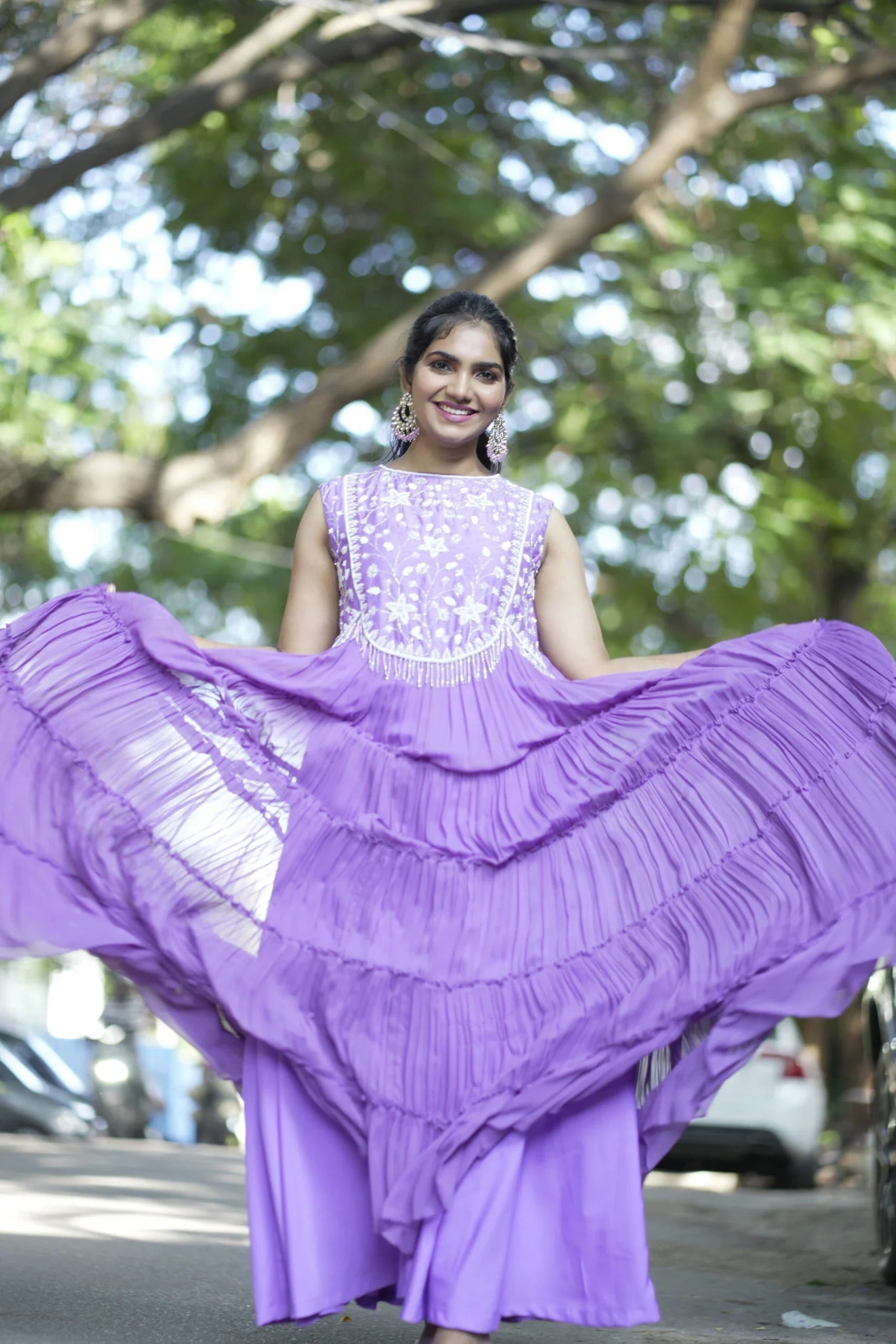Elegant Purple Lilac Georgette Tiered Long Frock Pearl Work