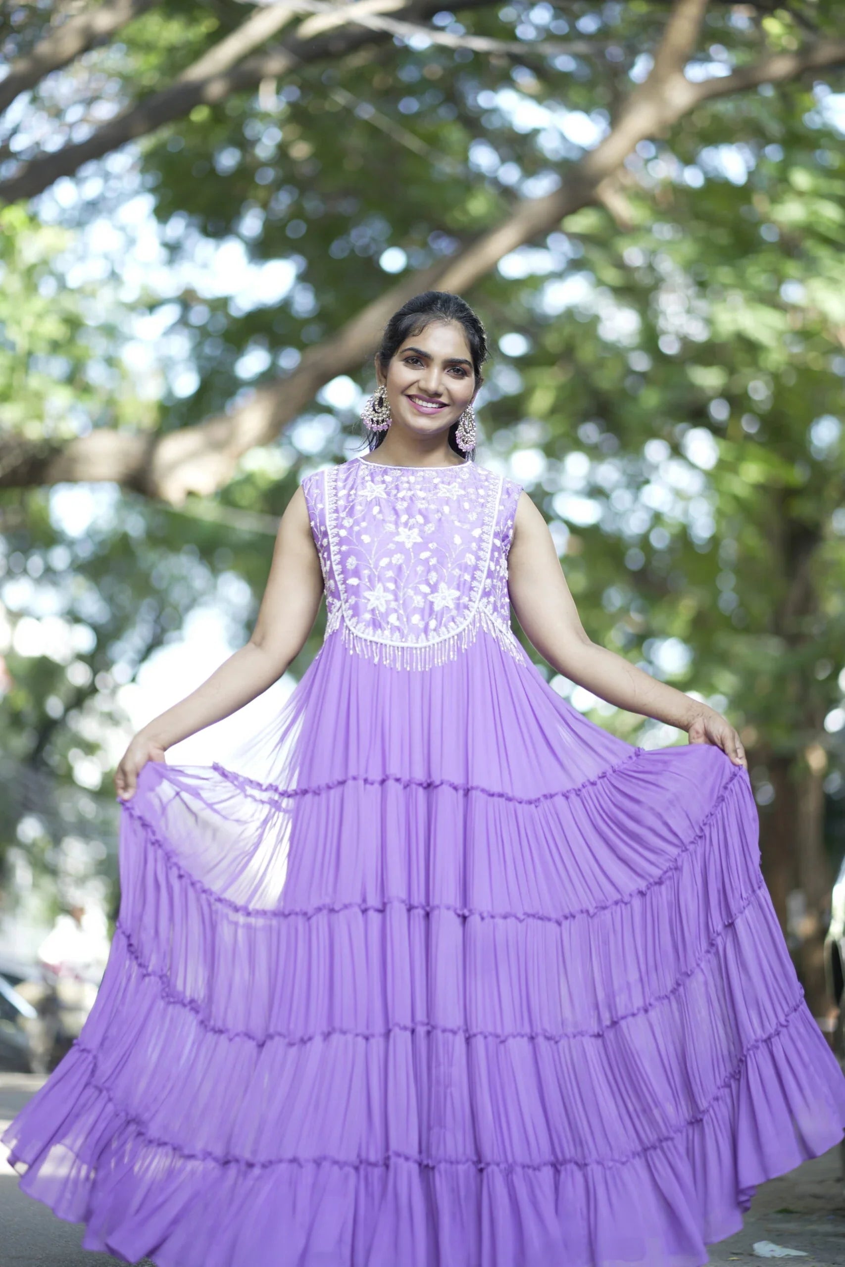 Elegant Purple Lilac Georgette Tiered Long Frock Pearl Work