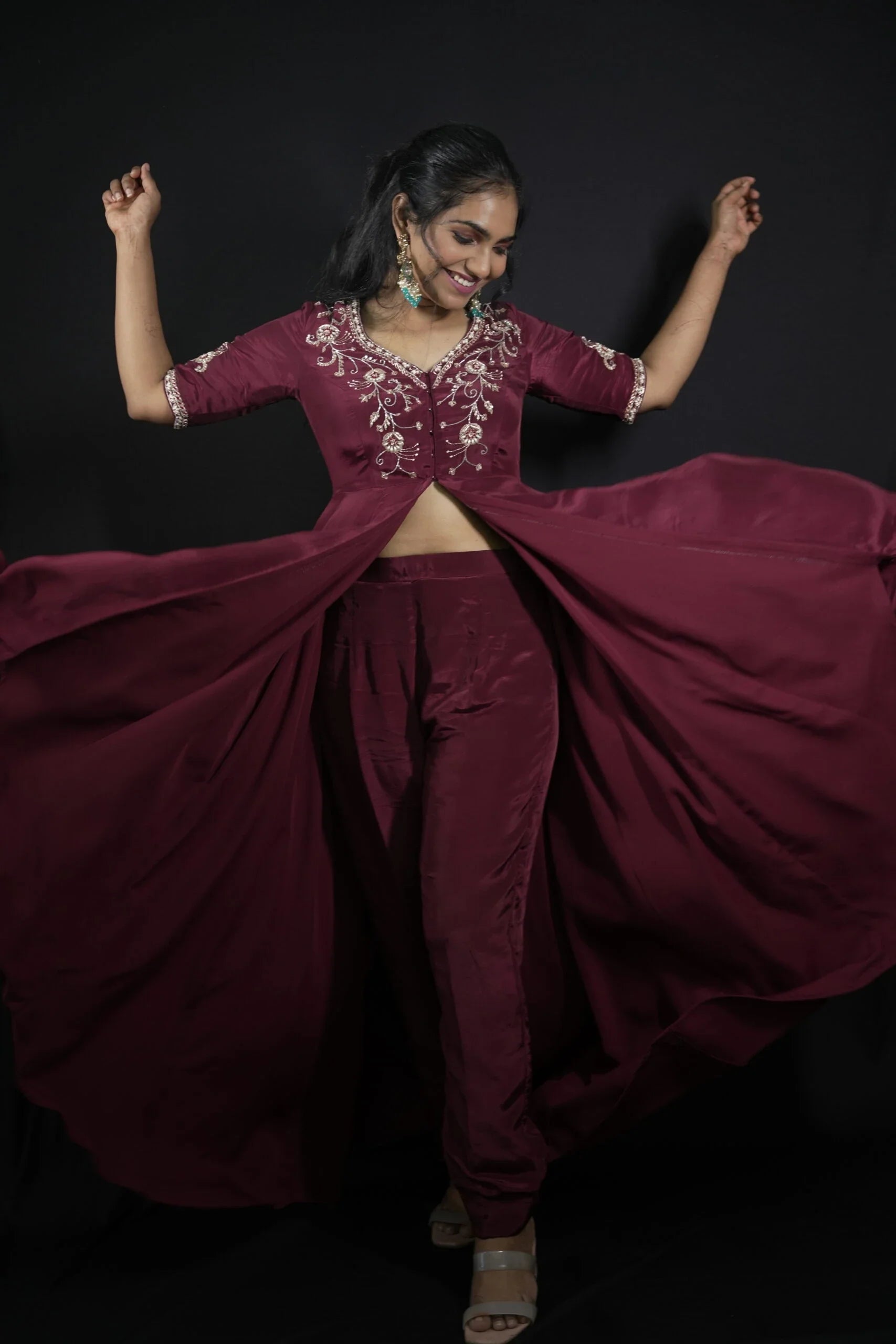 Luxury Red Burgundy Silk Crepe Flared Top Pant Zardosi Zari