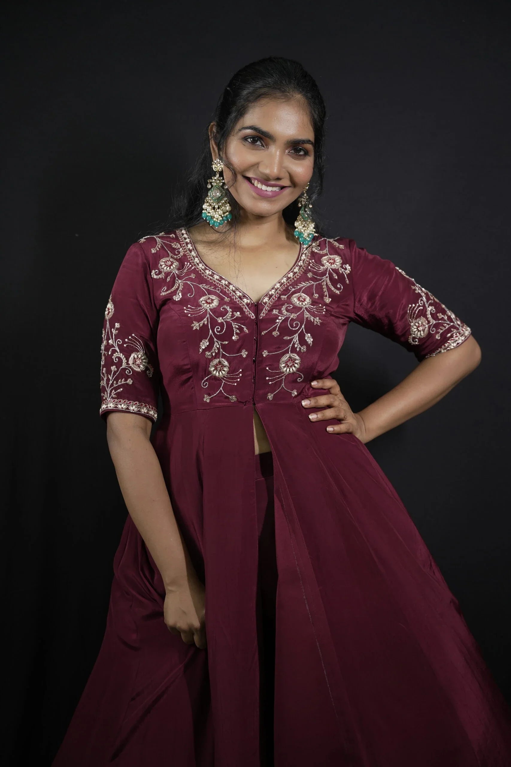 Luxury Red Burgundy Silk Crepe Flared Top Pant Zardosi Zari