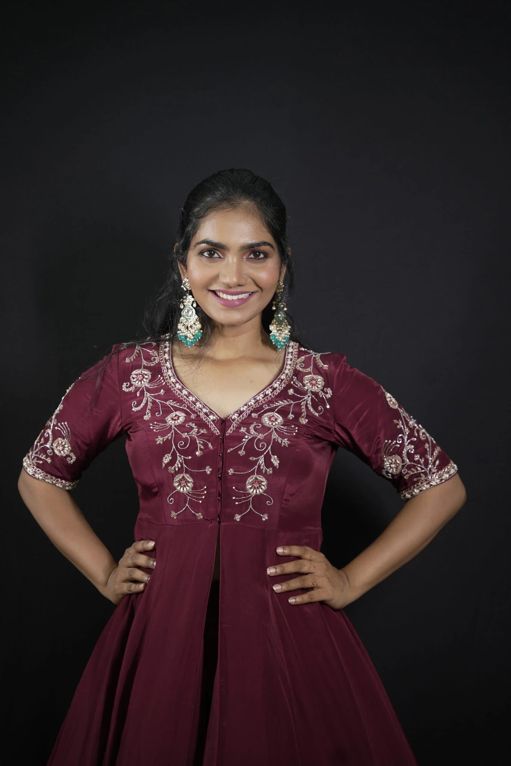 Luxury Red Burgundy Silk Crepe Flared Top Pant Zardosi Zari