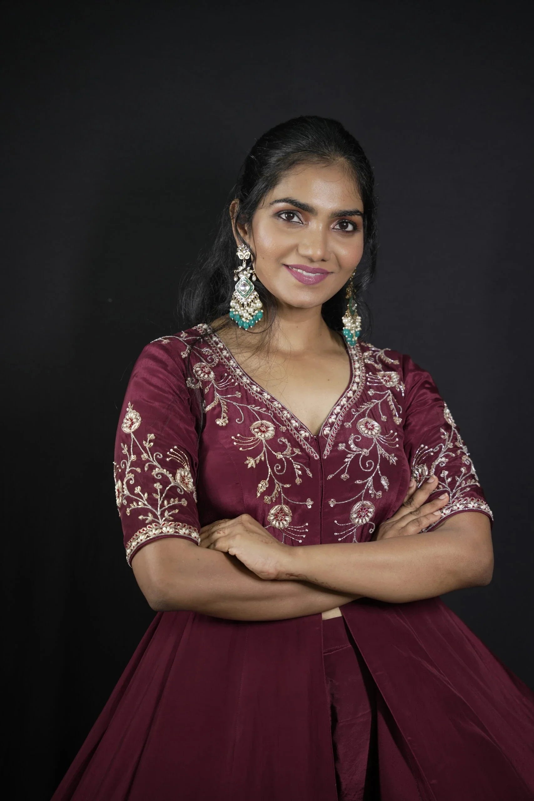 Luxury Red Burgundy Silk Crepe Flared Top Pant Zardosi Zari