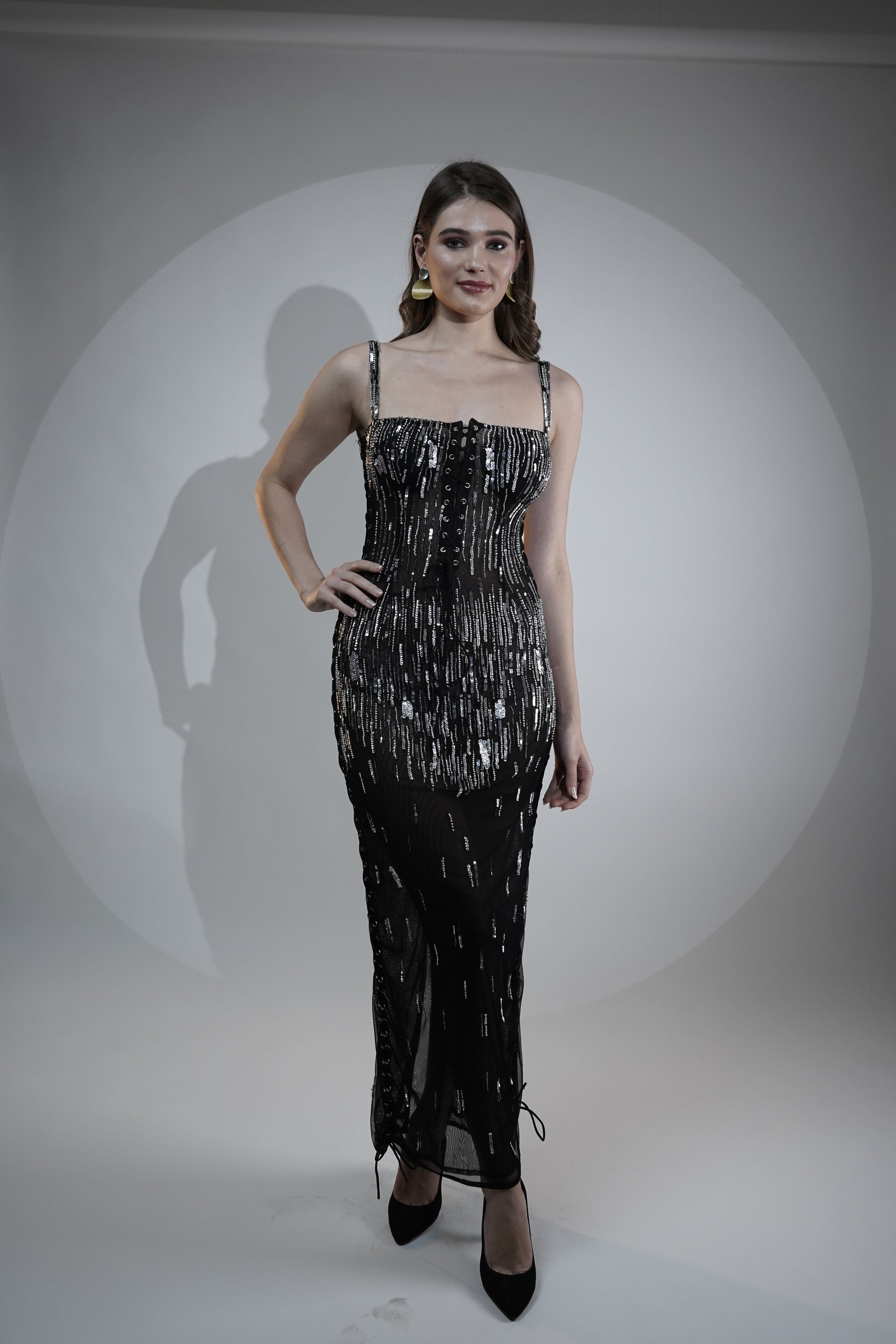 Mesmerizing Black Viscose Tulle Midnight Spark Sequin Rivet Dress
