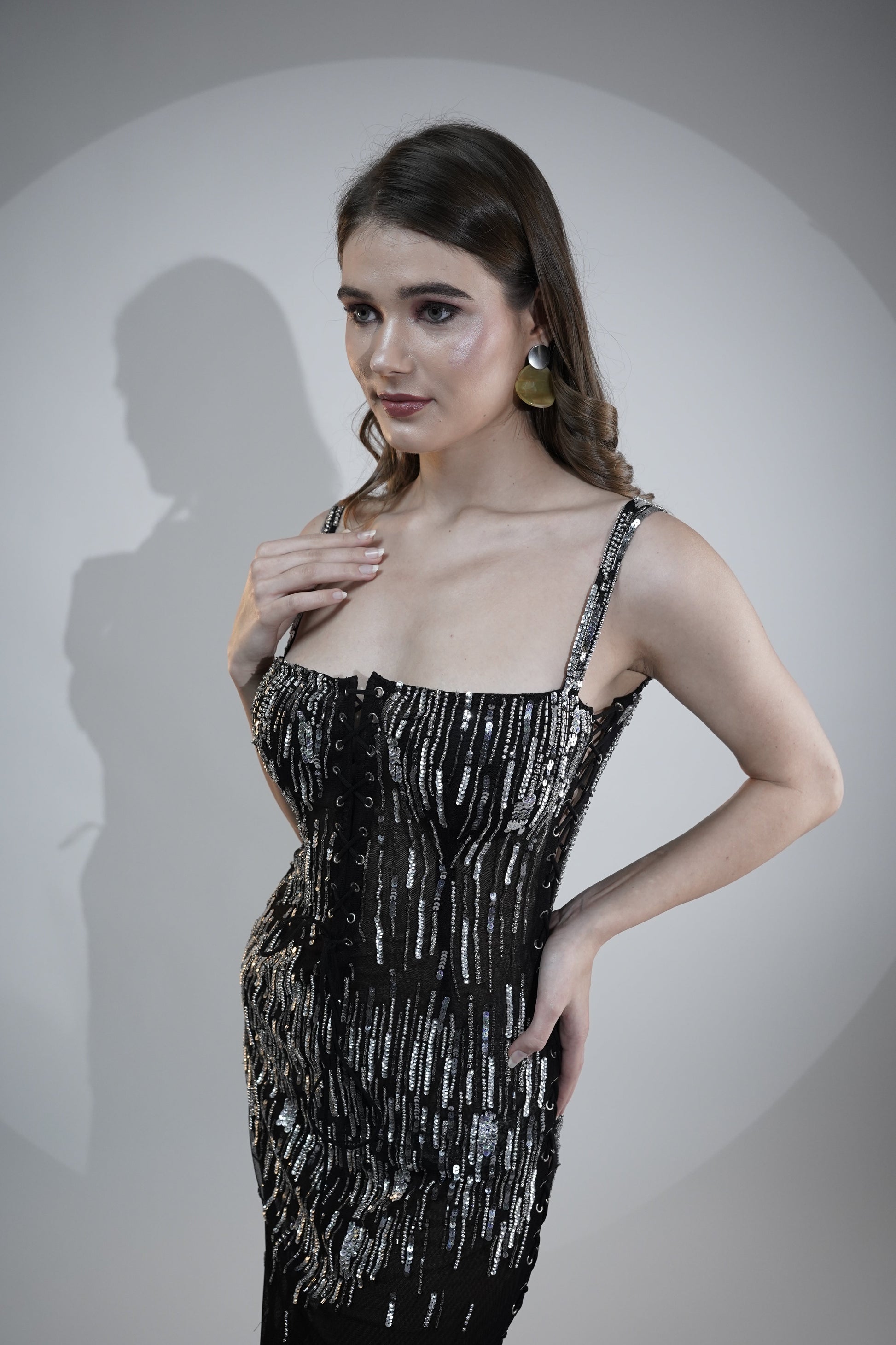 Mesmerizing Black Viscose Tulle Midnight Spark Sequin Rivet Dress