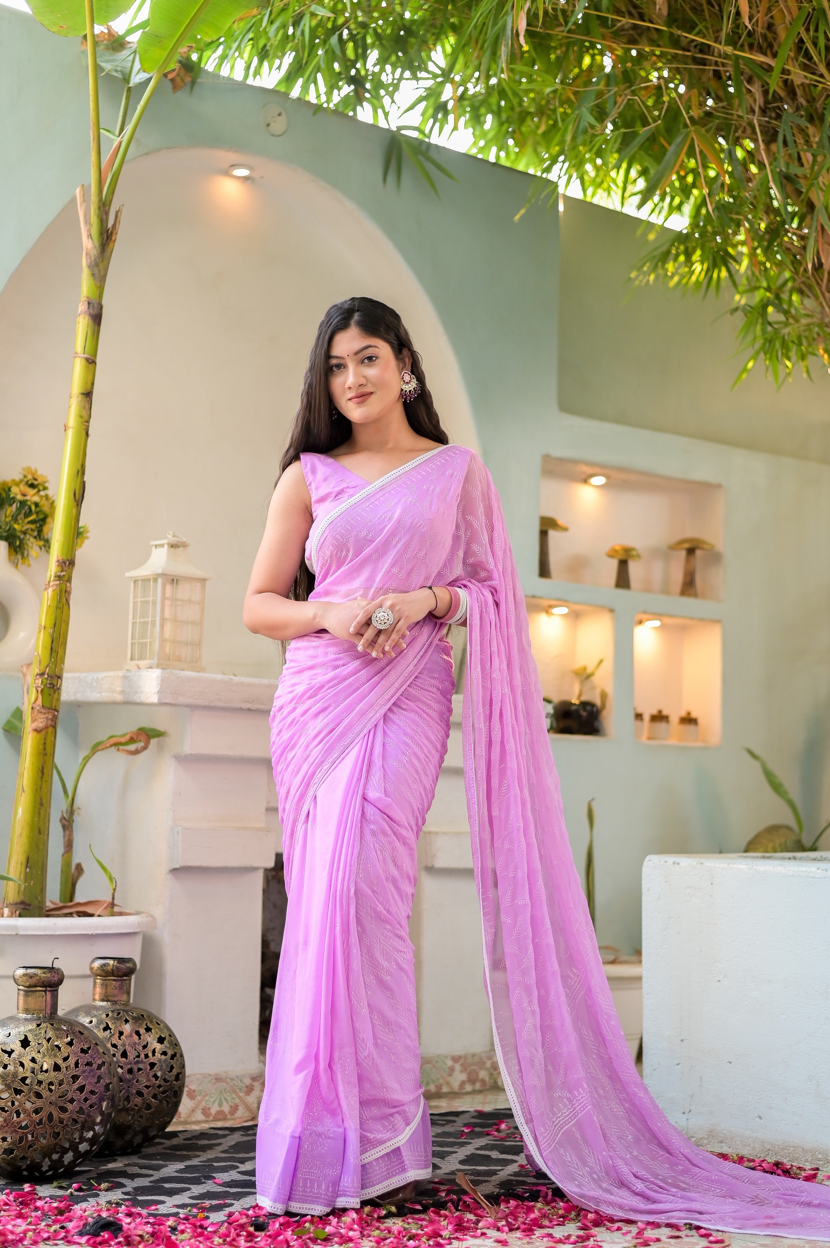 Ethereal Pink Chiffon Handblock Saree Floral