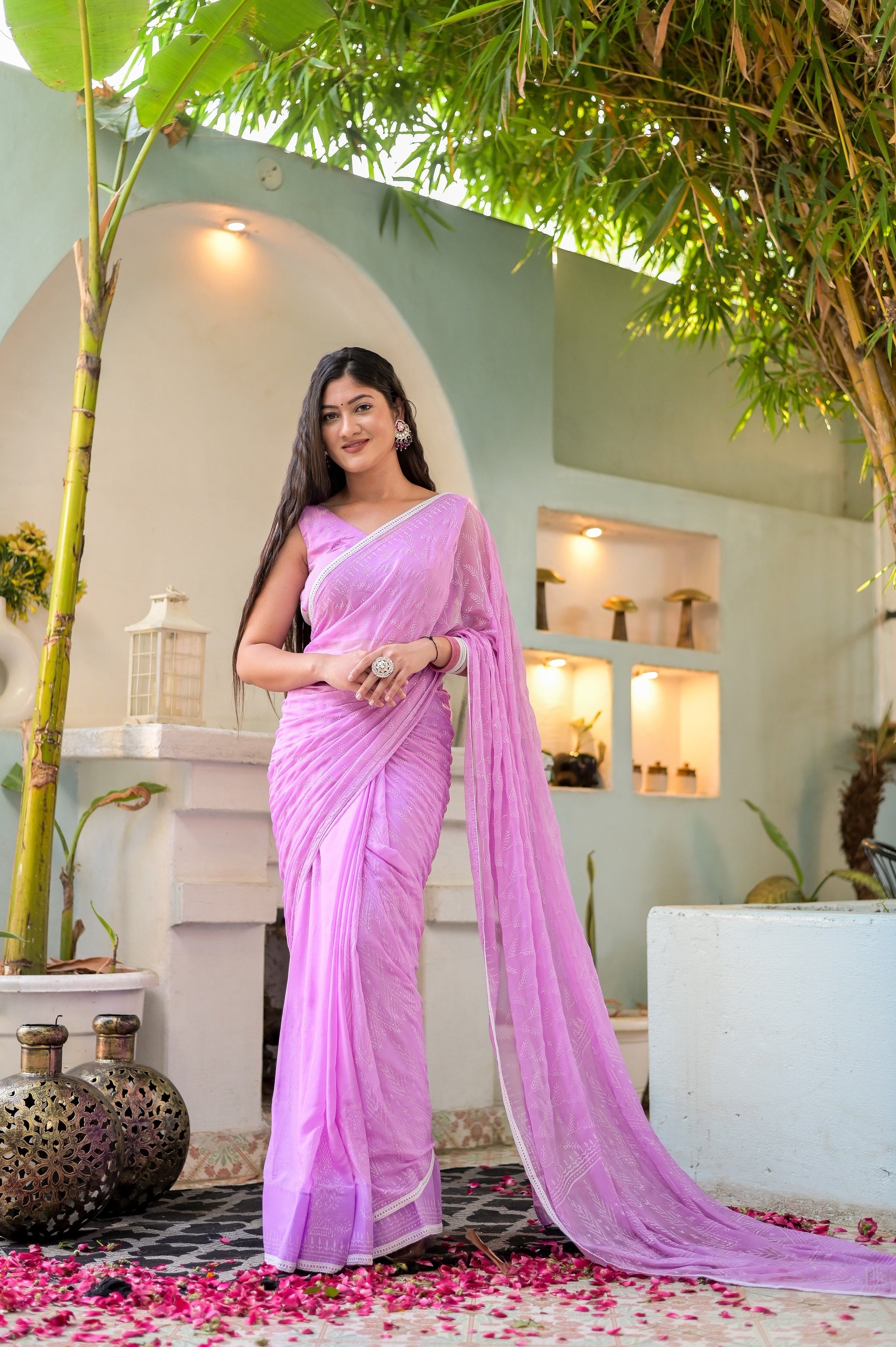 Ethereal Pink Chiffon Handblock Saree Floral