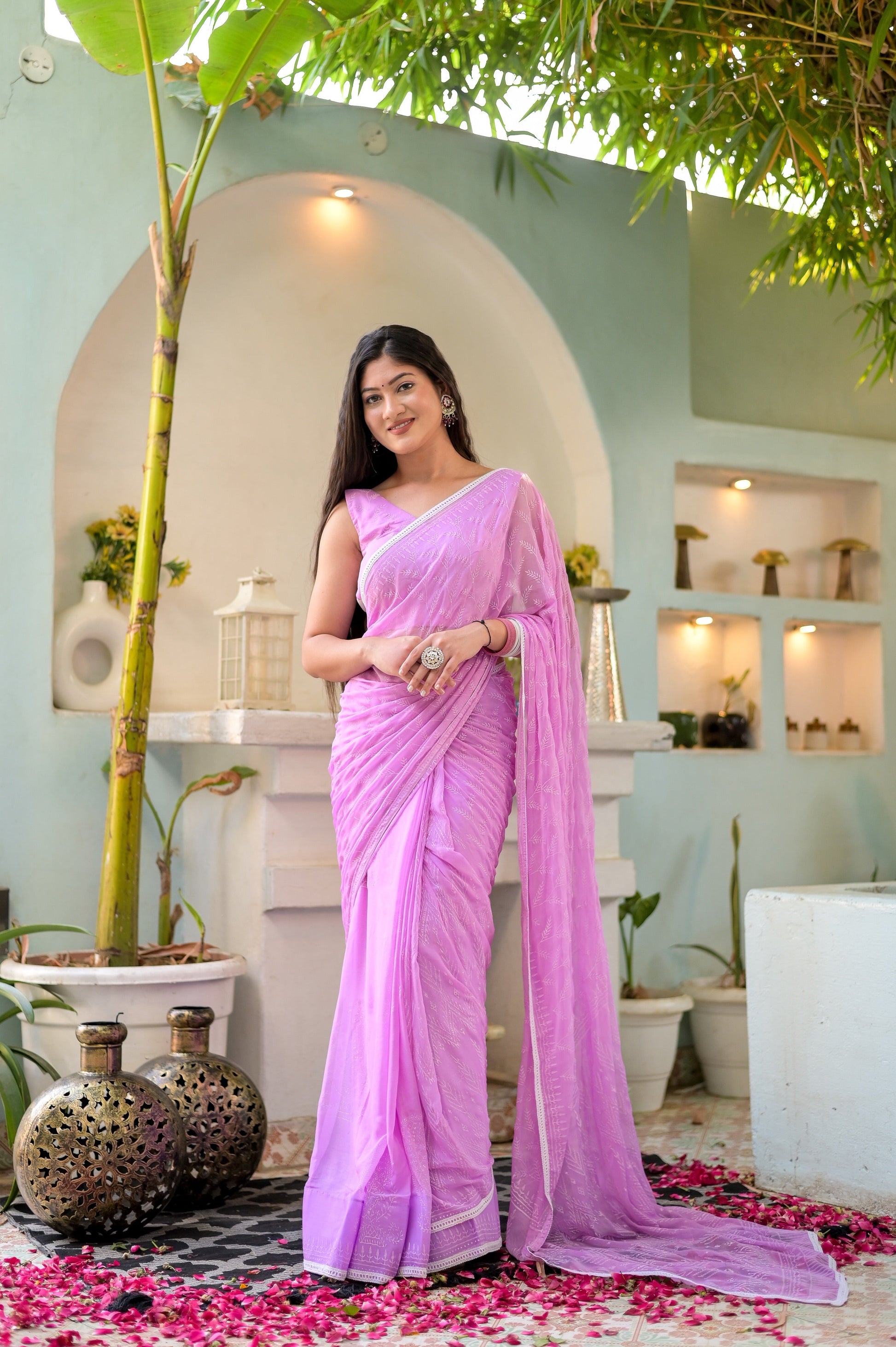 Ethereal Pink Chiffon Handblock Saree Floral