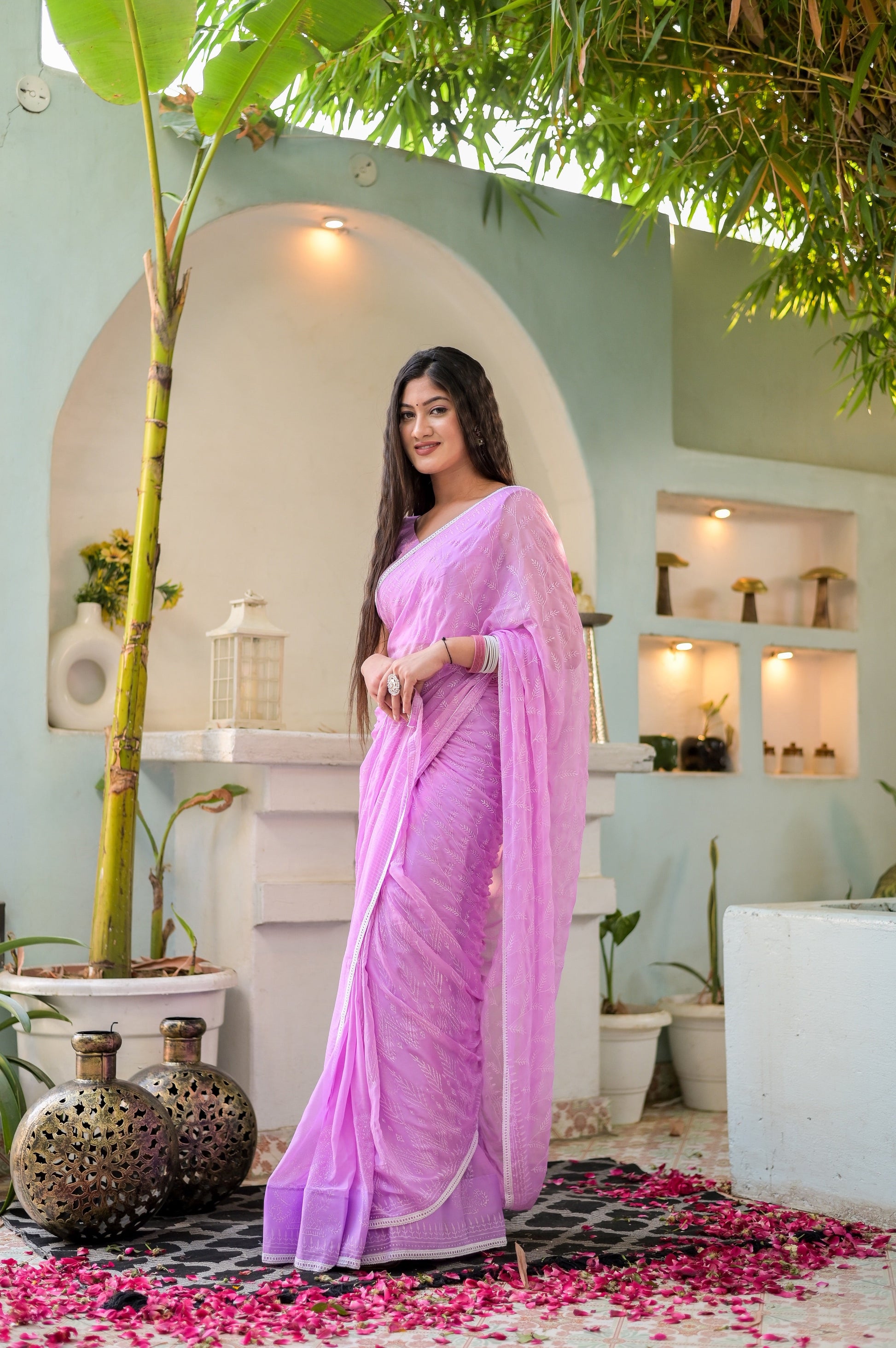 Ethereal Pink Chiffon Handblock Saree Floral