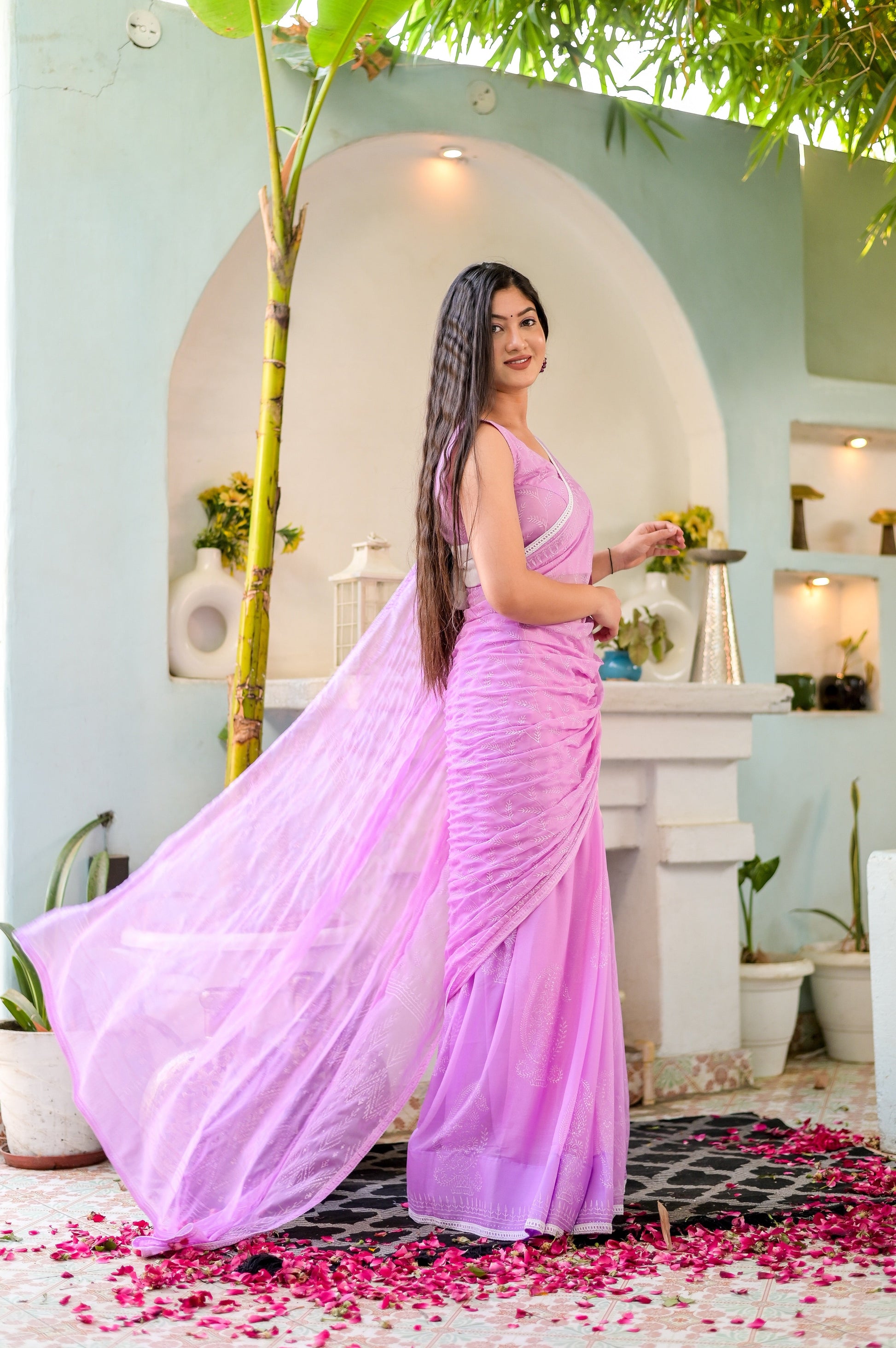 Ethereal Pink Chiffon Handblock Saree Floral