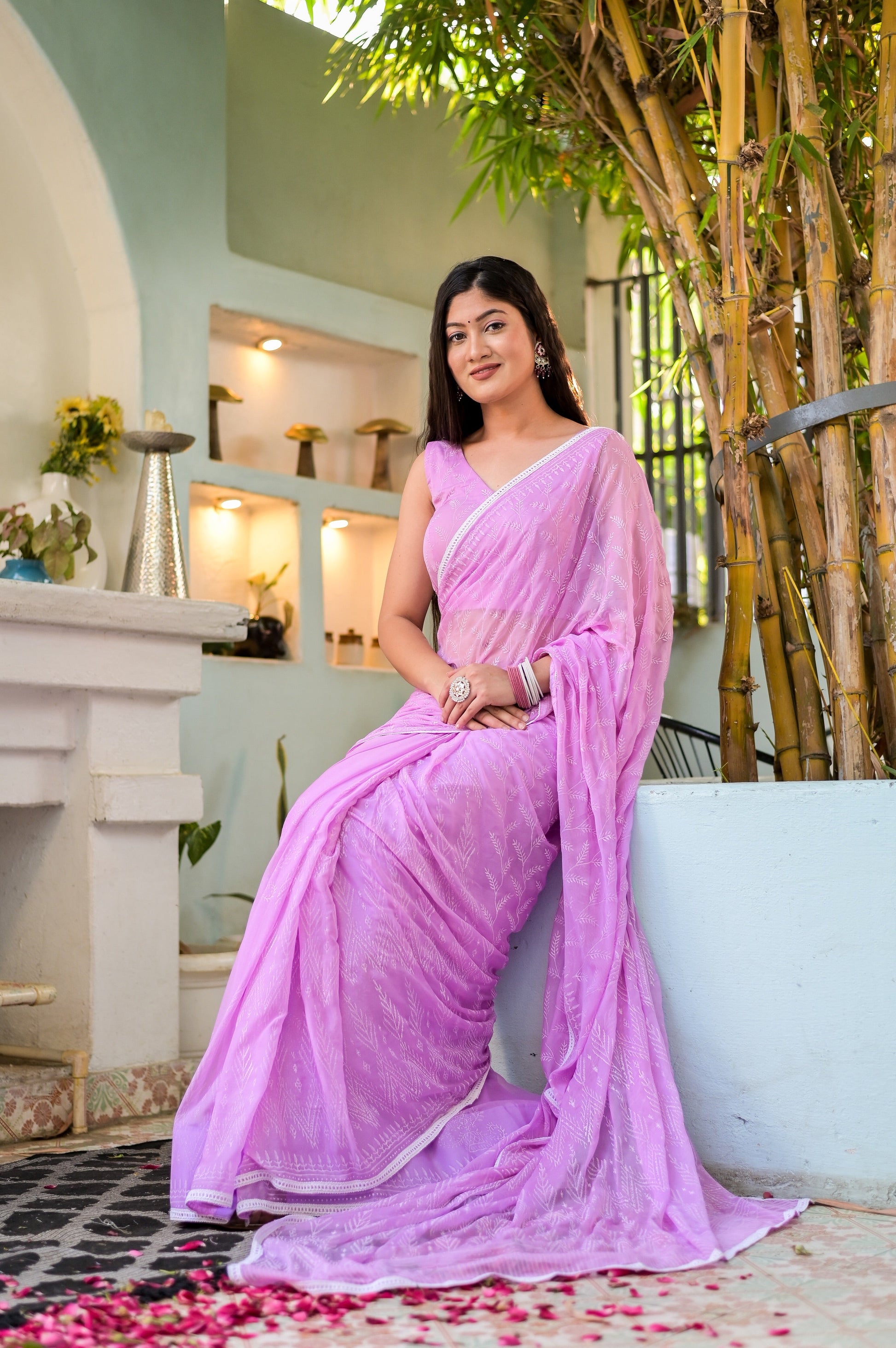Ethereal Pink Chiffon Handblock Saree Floral