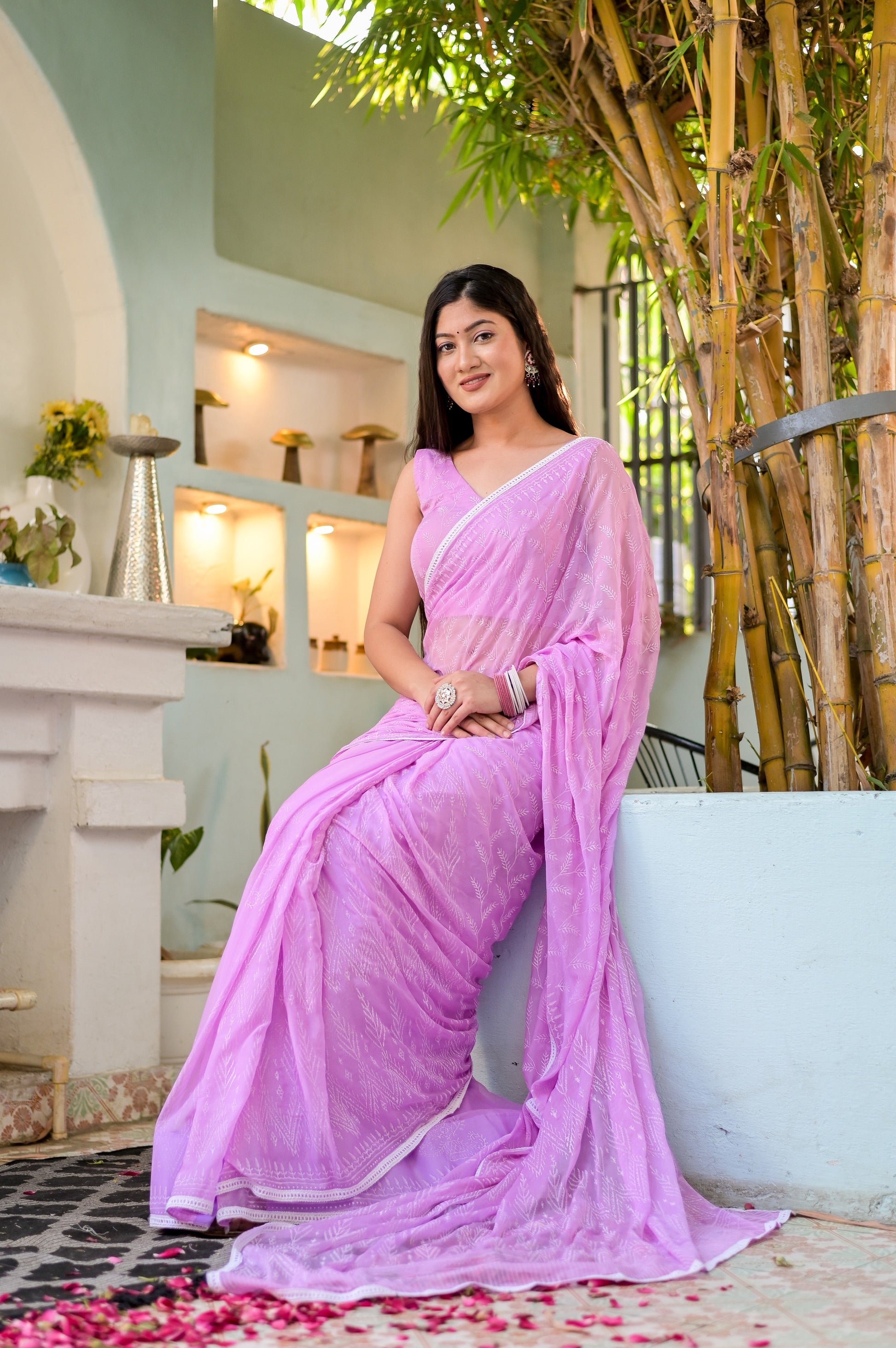 Ethereal Pink Chiffon Handblock Saree Floral
