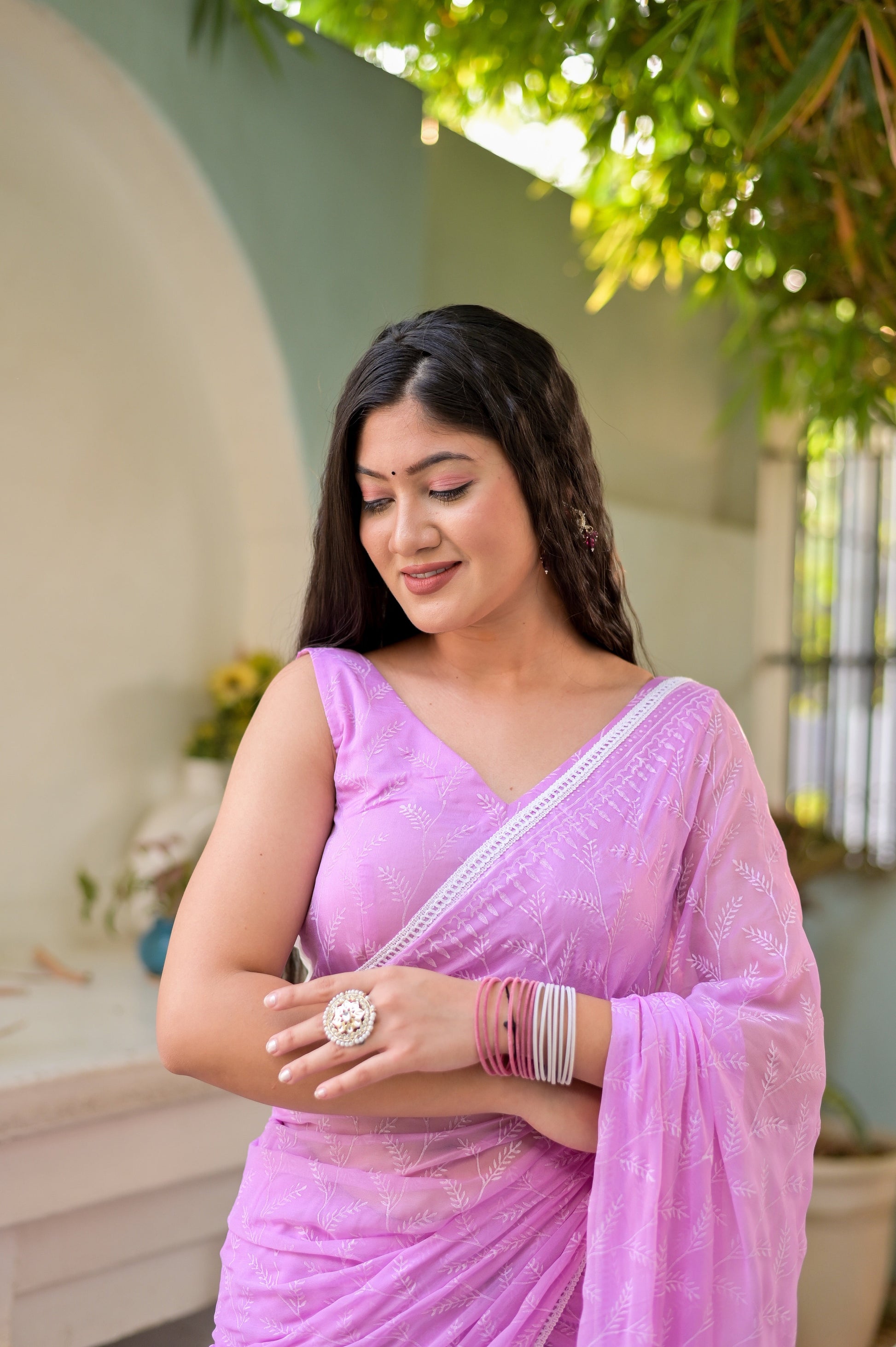Ethereal Pink Chiffon Handblock Saree Floral