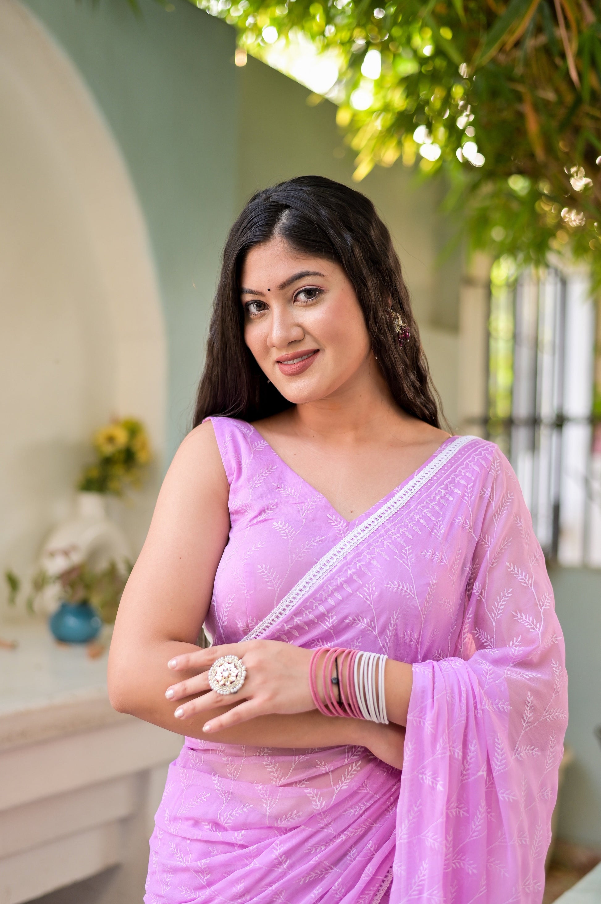 Ethereal Pink Chiffon Handblock Saree Floral