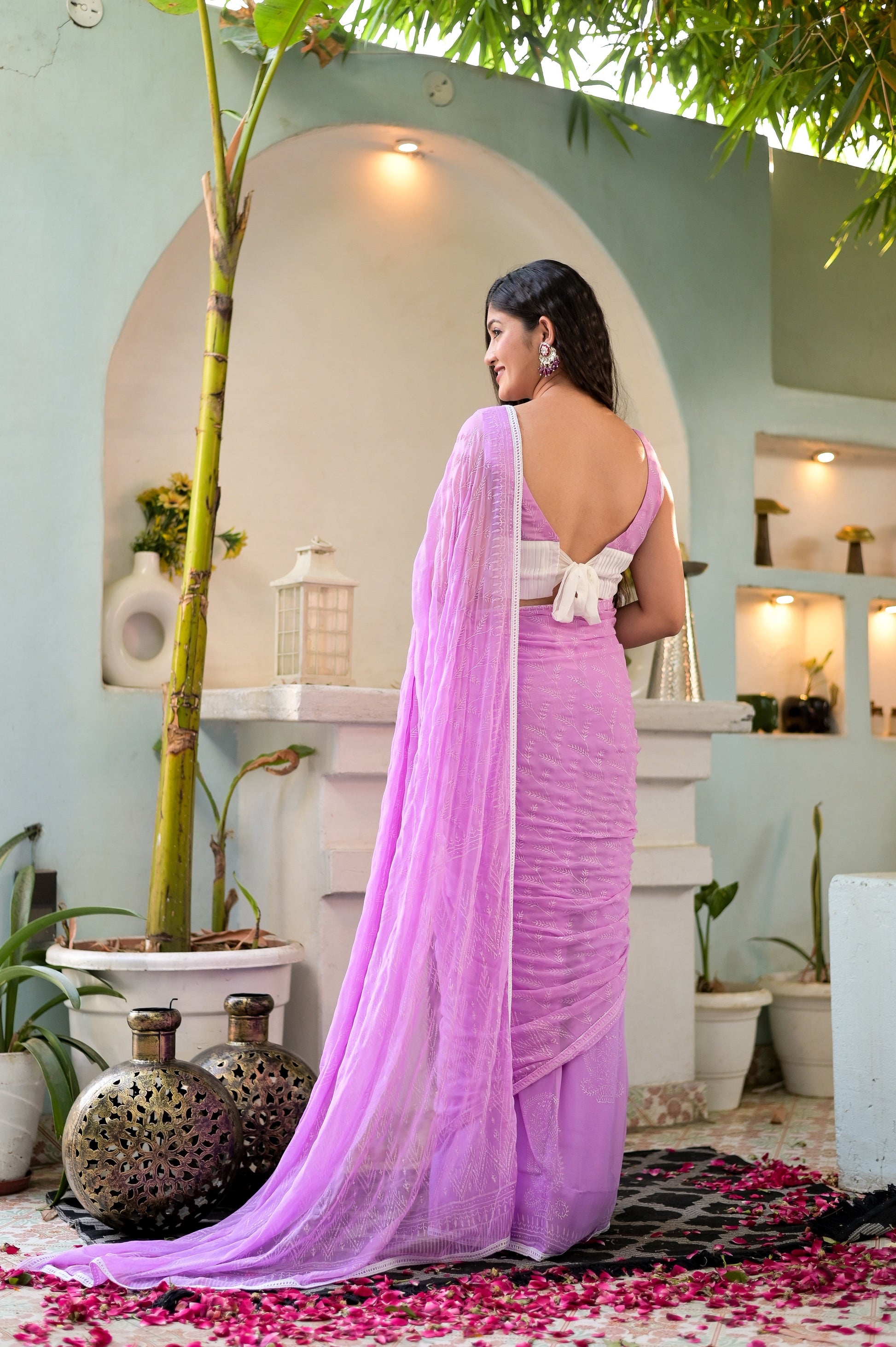 Ethereal Pink Chiffon Handblock Saree Floral