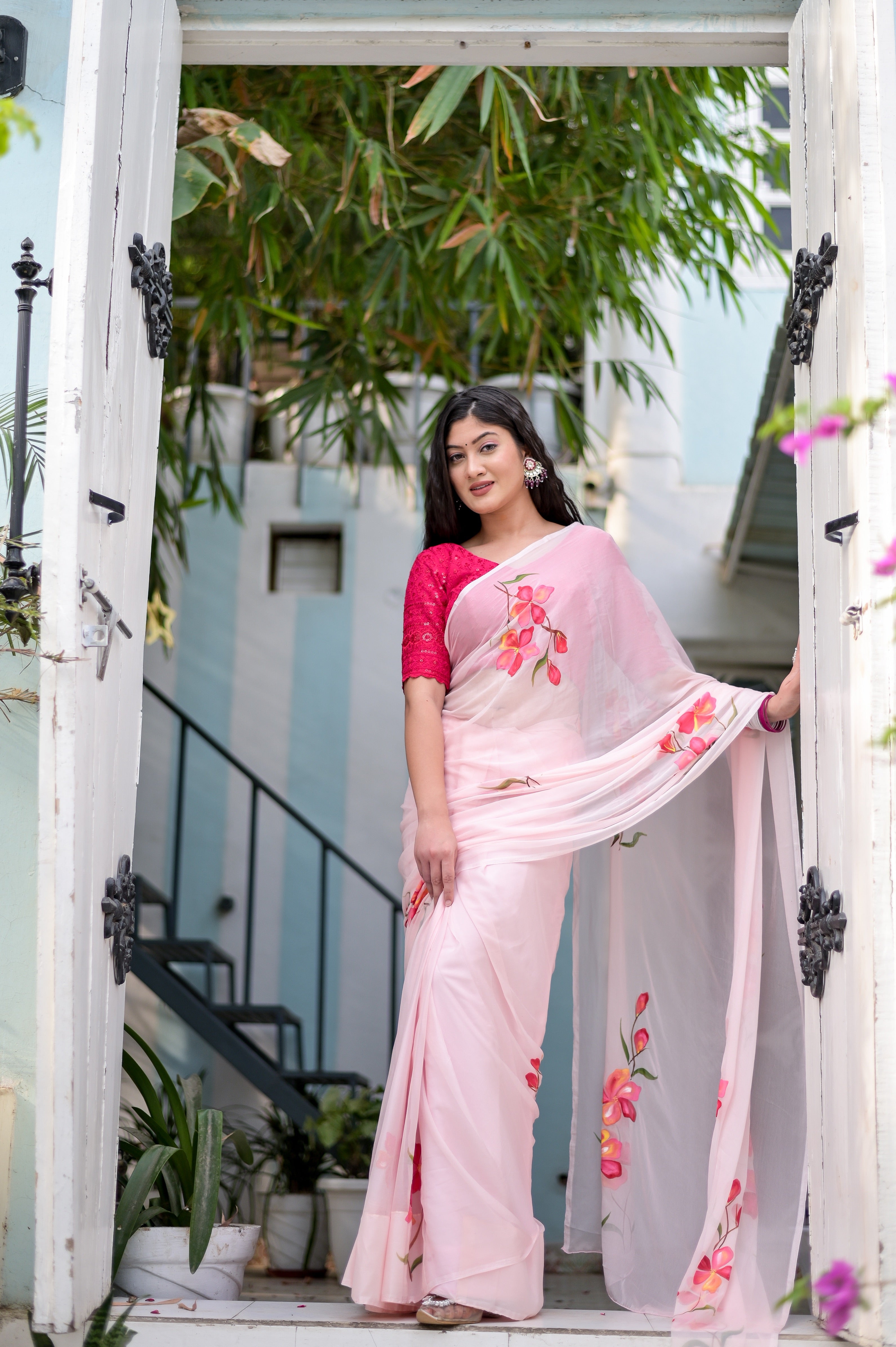 Romantic Pink Chiffon Handpainted Saree Floral Motifs