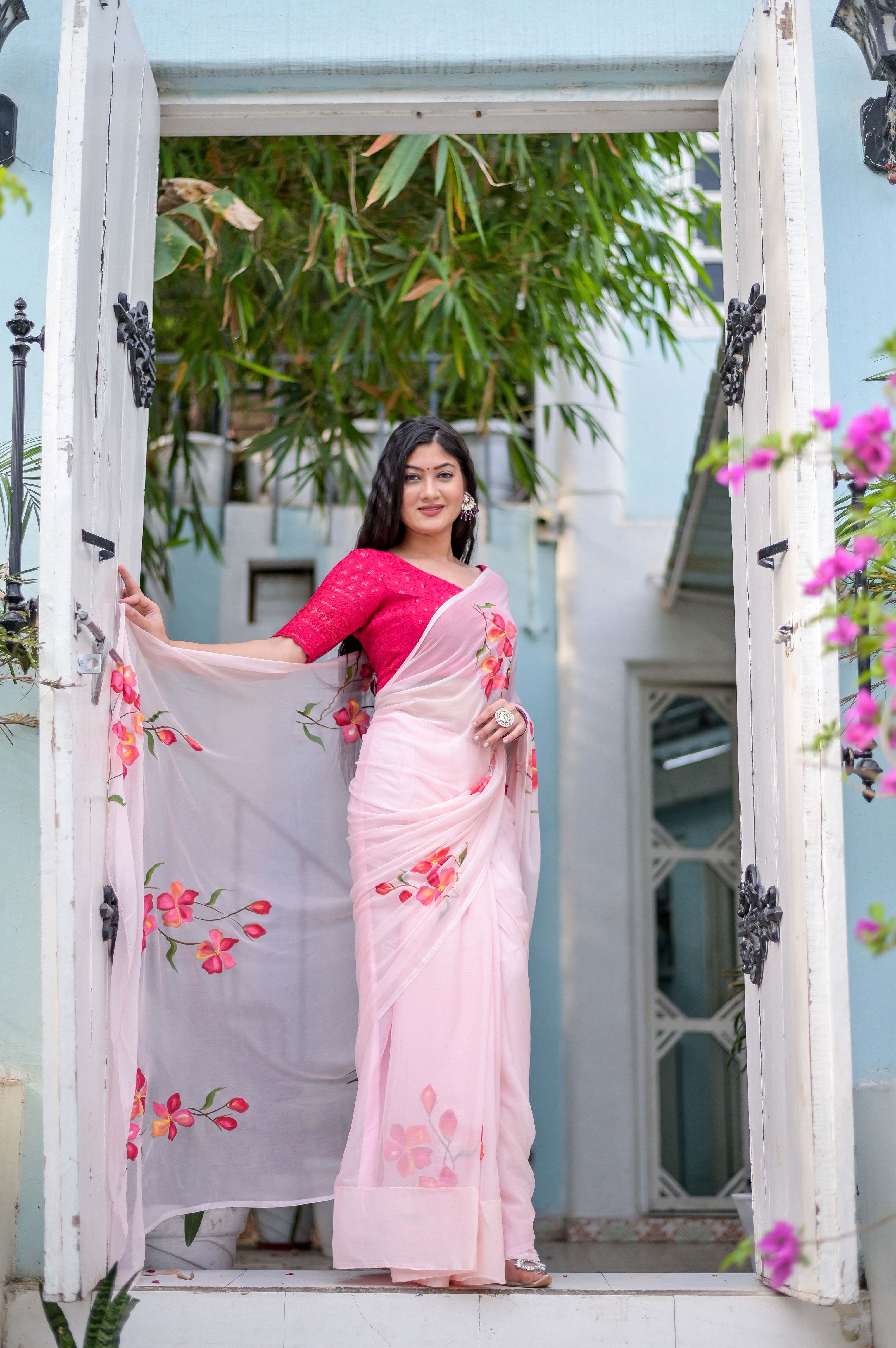 Romantic Pink Chiffon Handpainted Saree Floral Motifs