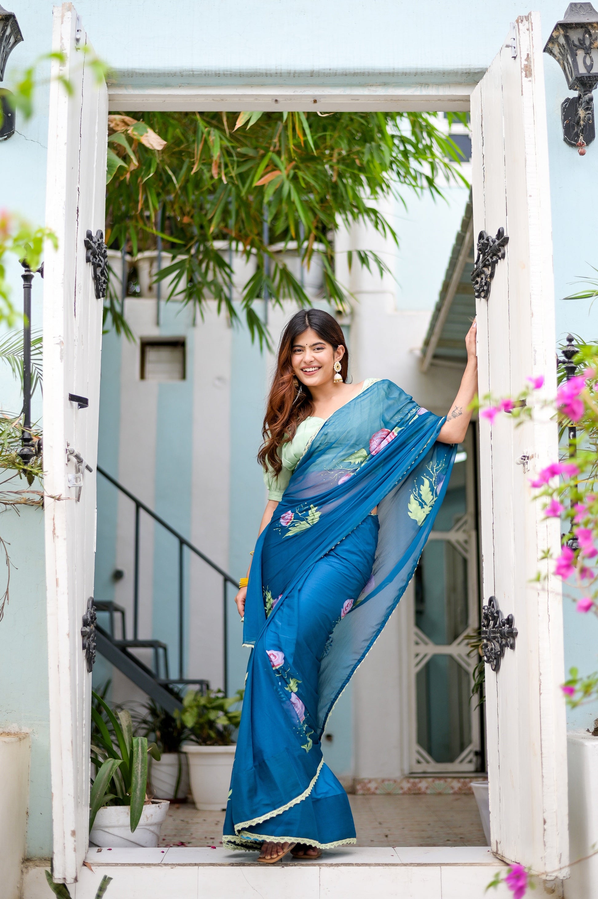 Artistic Blue Multicolor Handpainted Chiffon Saree Floral