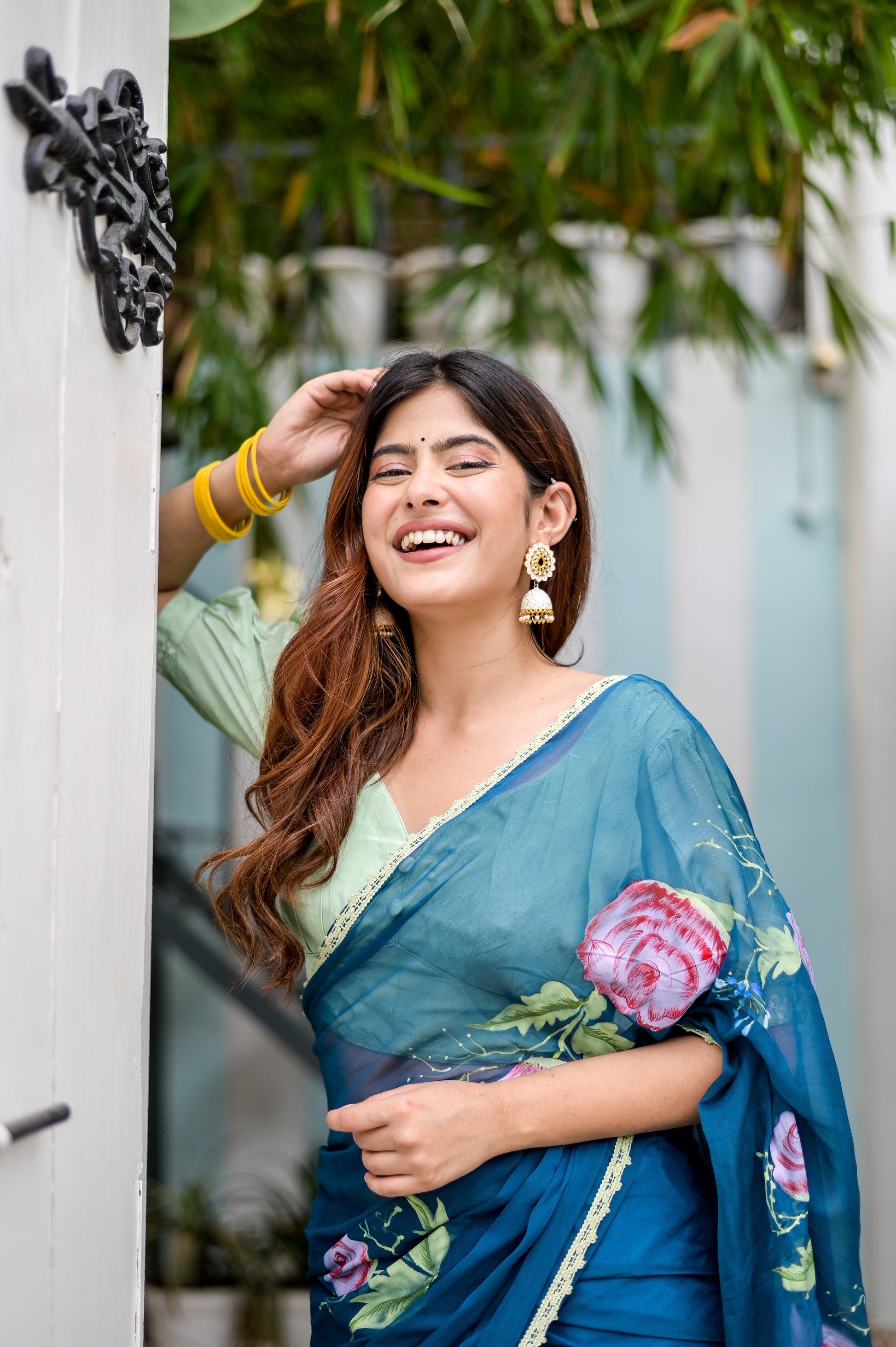 Artistic Blue Multicolor Handpainted Chiffon Saree Floral