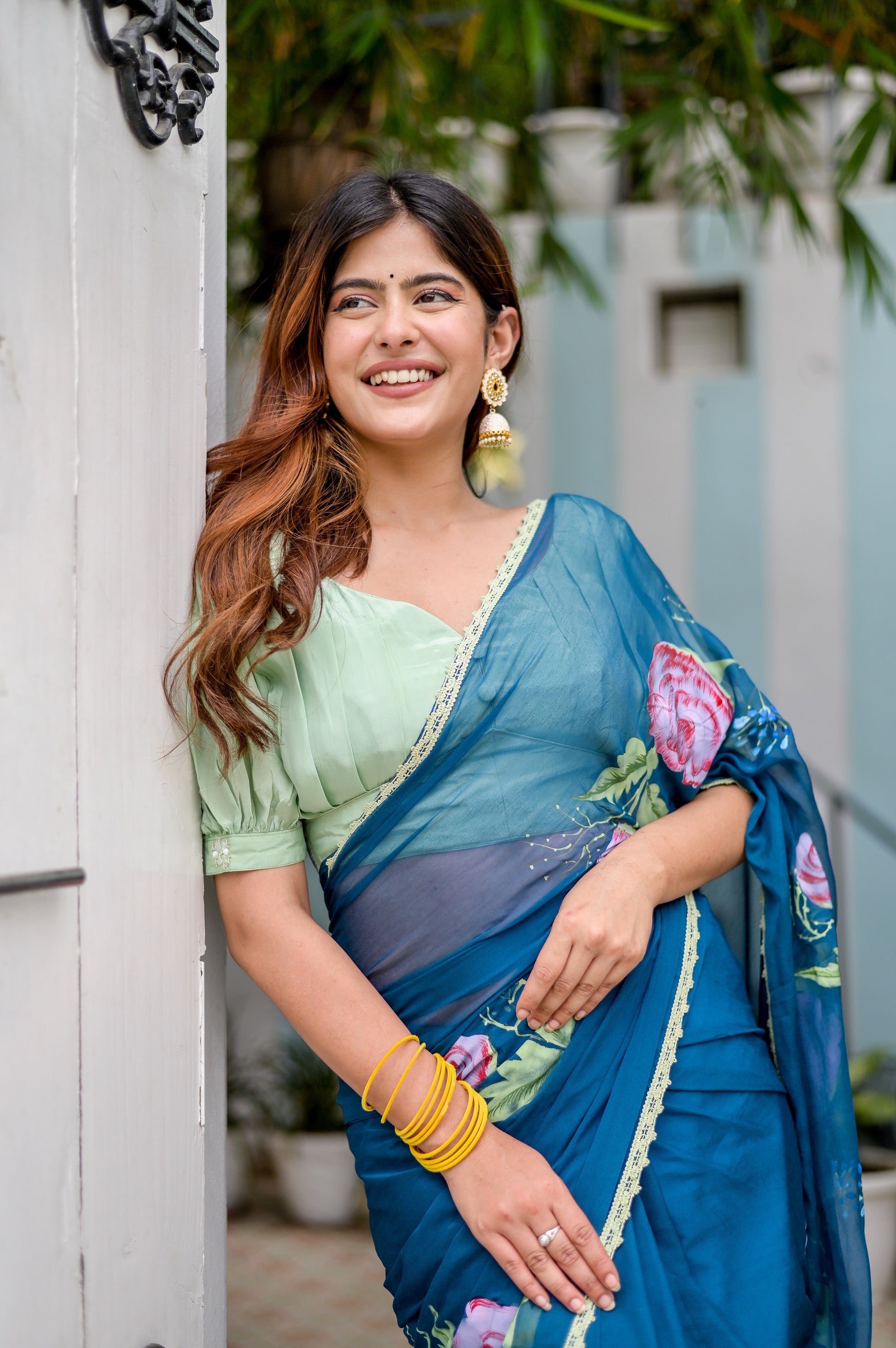 Artistic Blue Multicolor Handpainted Chiffon Saree Floral