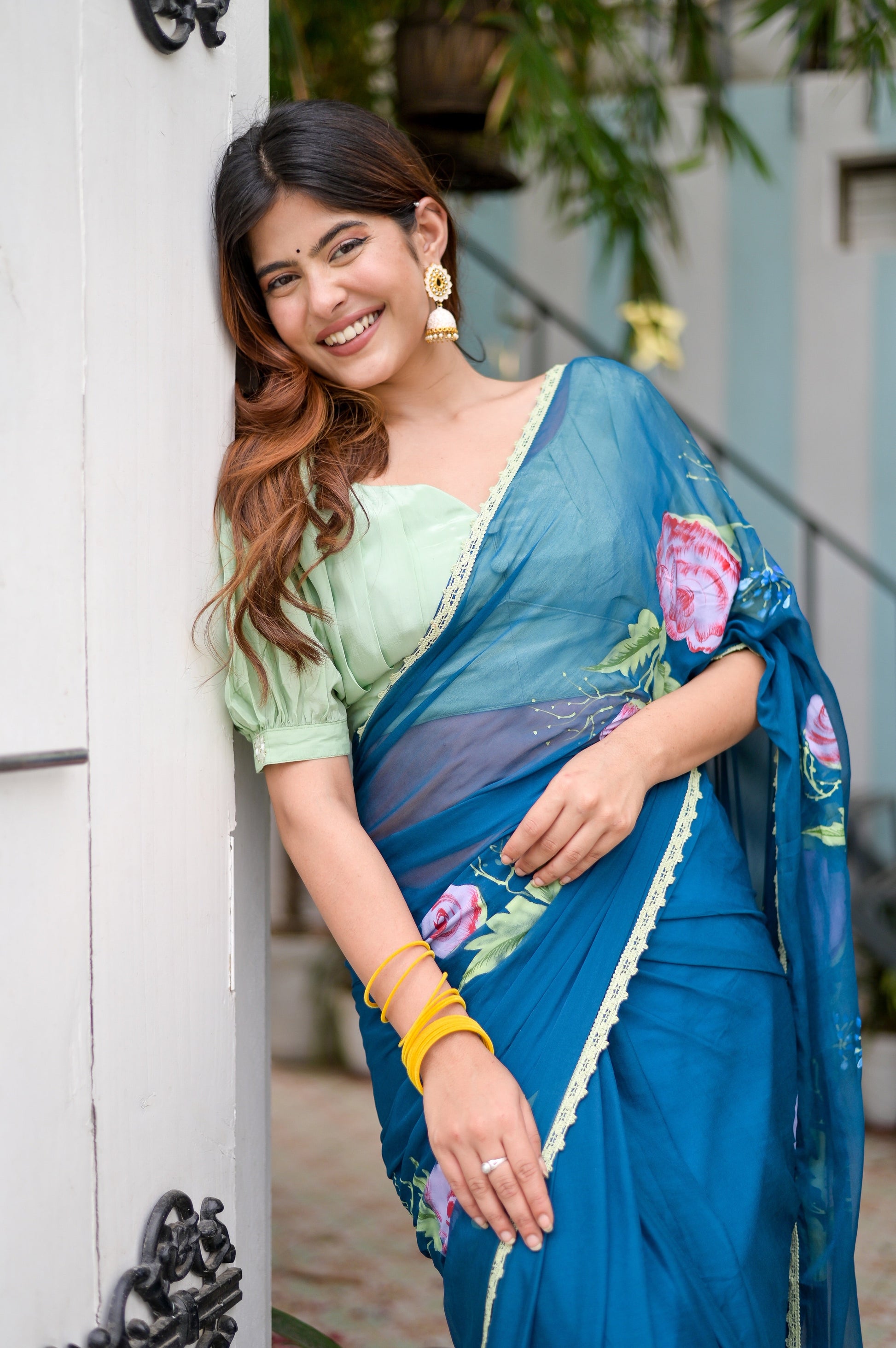 Artistic Blue Multicolor Handpainted Chiffon Saree Floral
