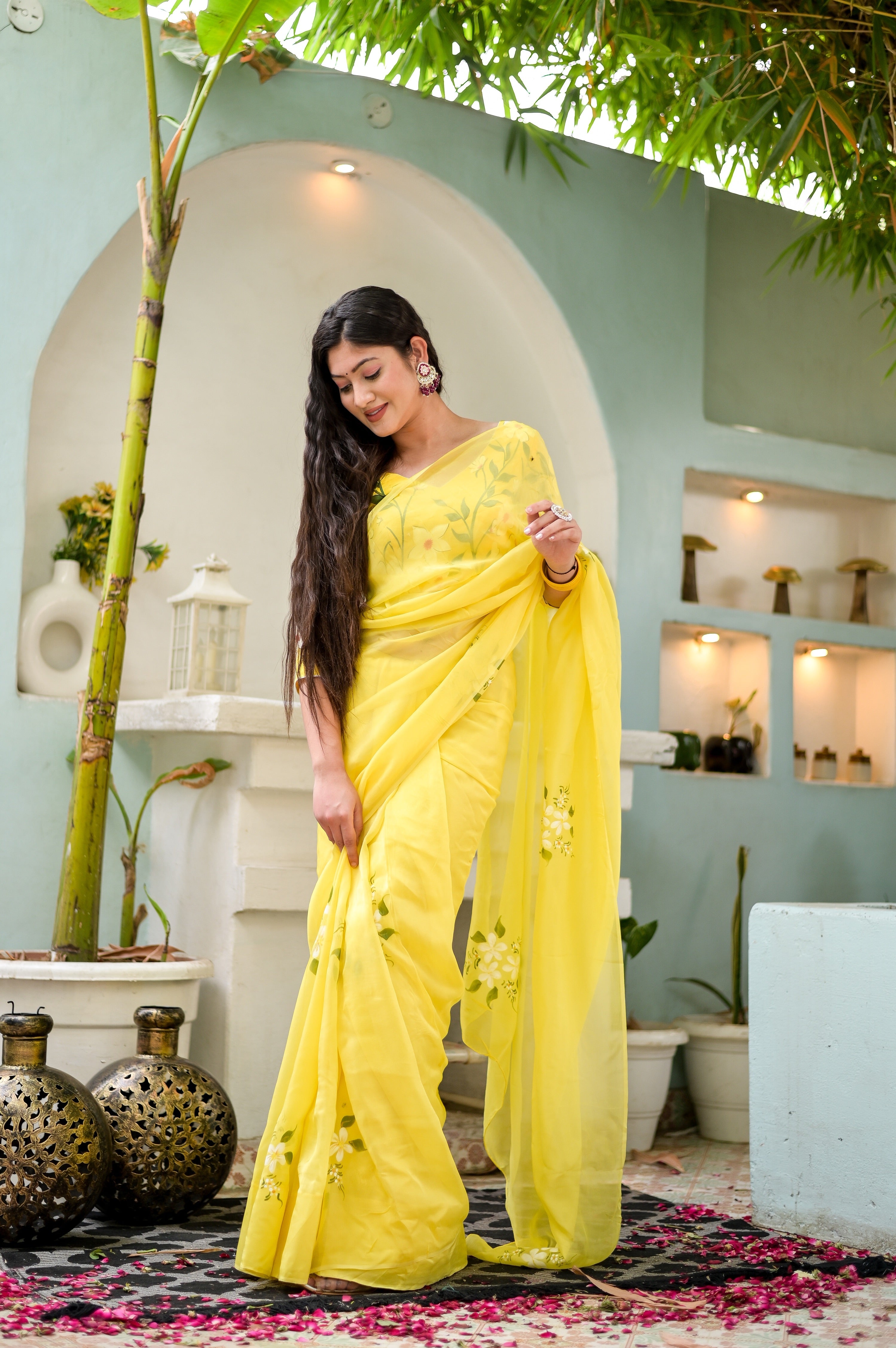 Artistic Yellow Viscose Silk Organza Handpainted Saree Floral