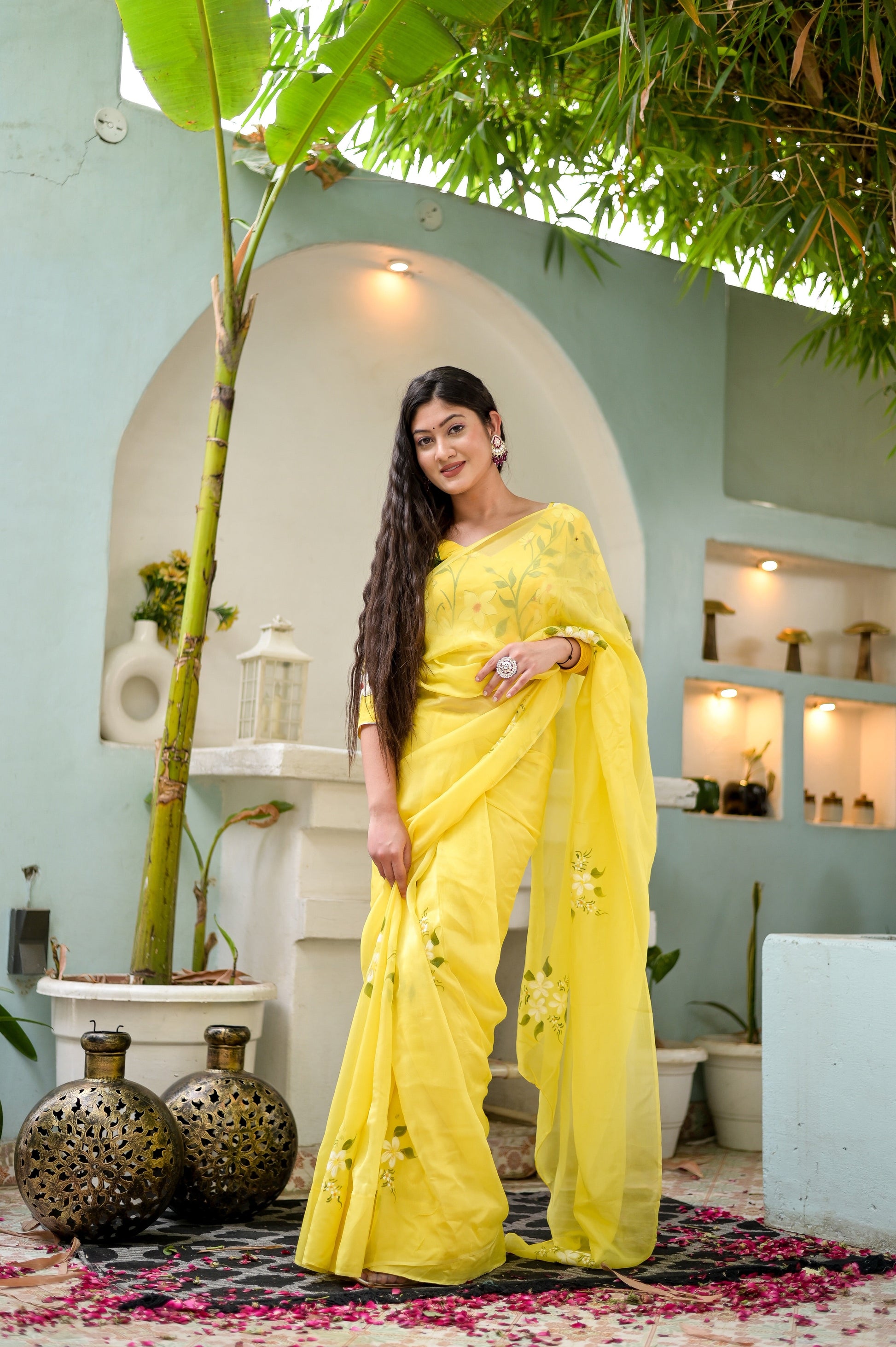 Artistic Yellow Viscose Silk Organza Handpainted Saree Floral