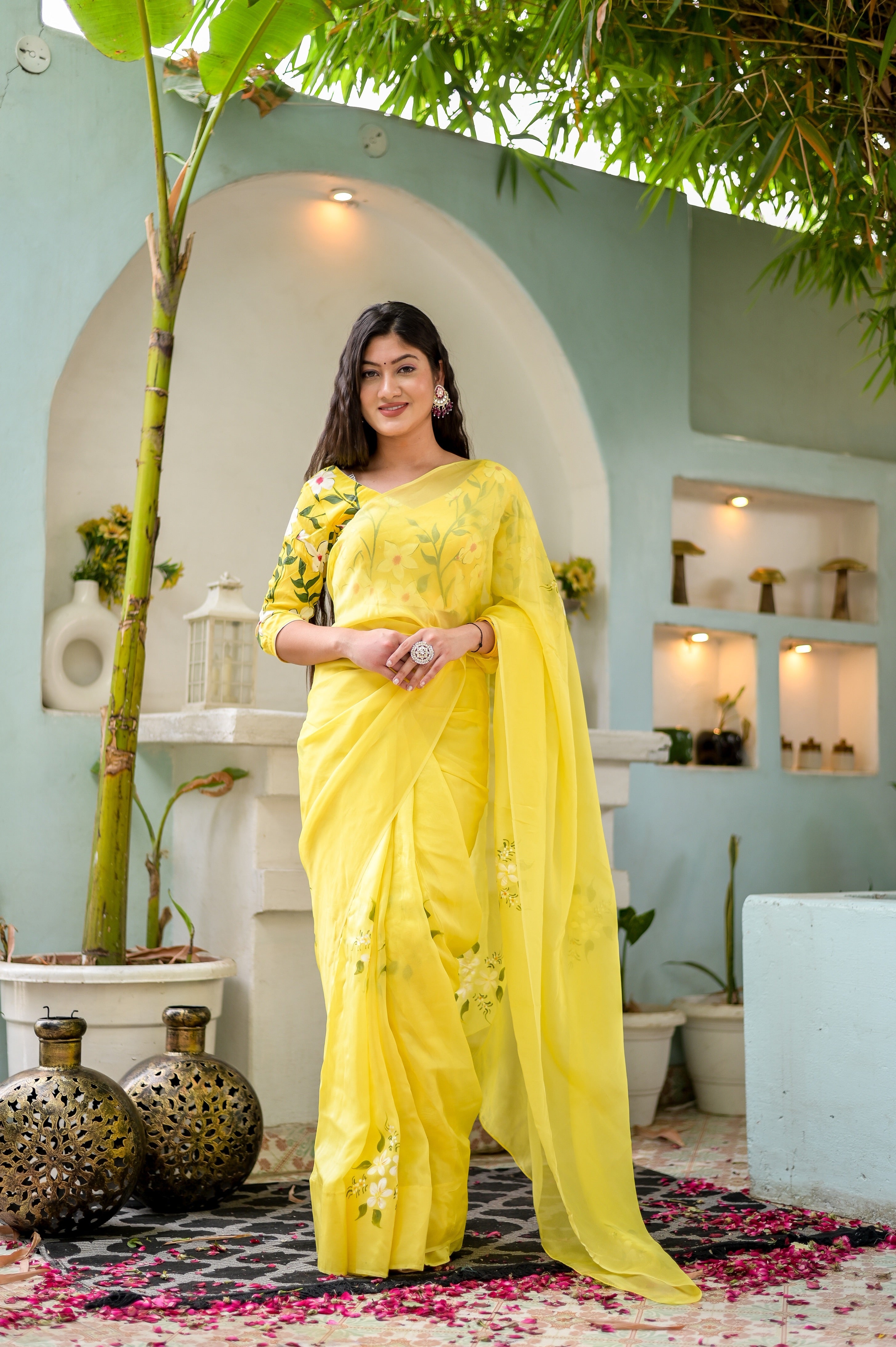 Artistic Yellow Viscose Silk Organza Handpainted Saree Floral