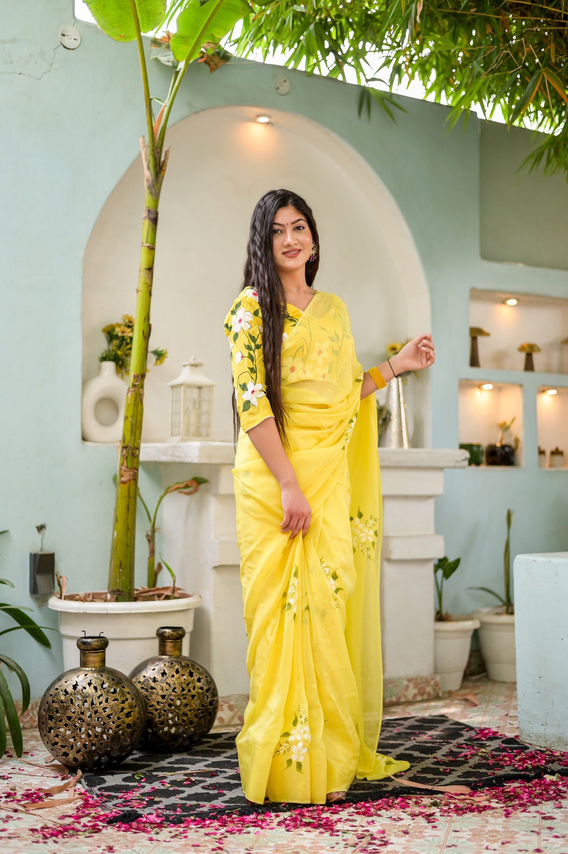 Artistic Yellow Viscose Silk Organza Handpainted Saree Floral