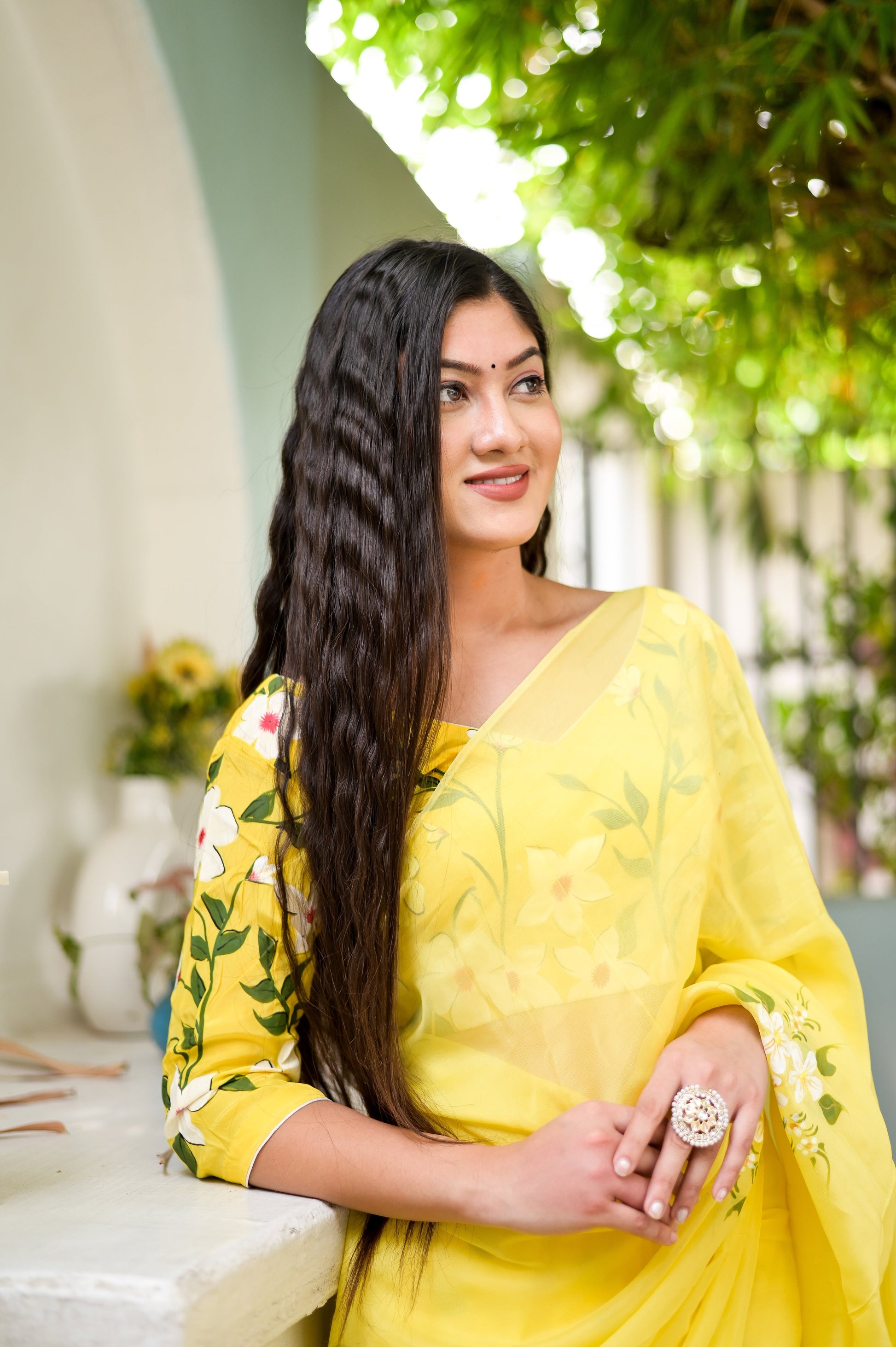 Artistic Yellow Viscose Silk Organza Handpainted Saree Floral