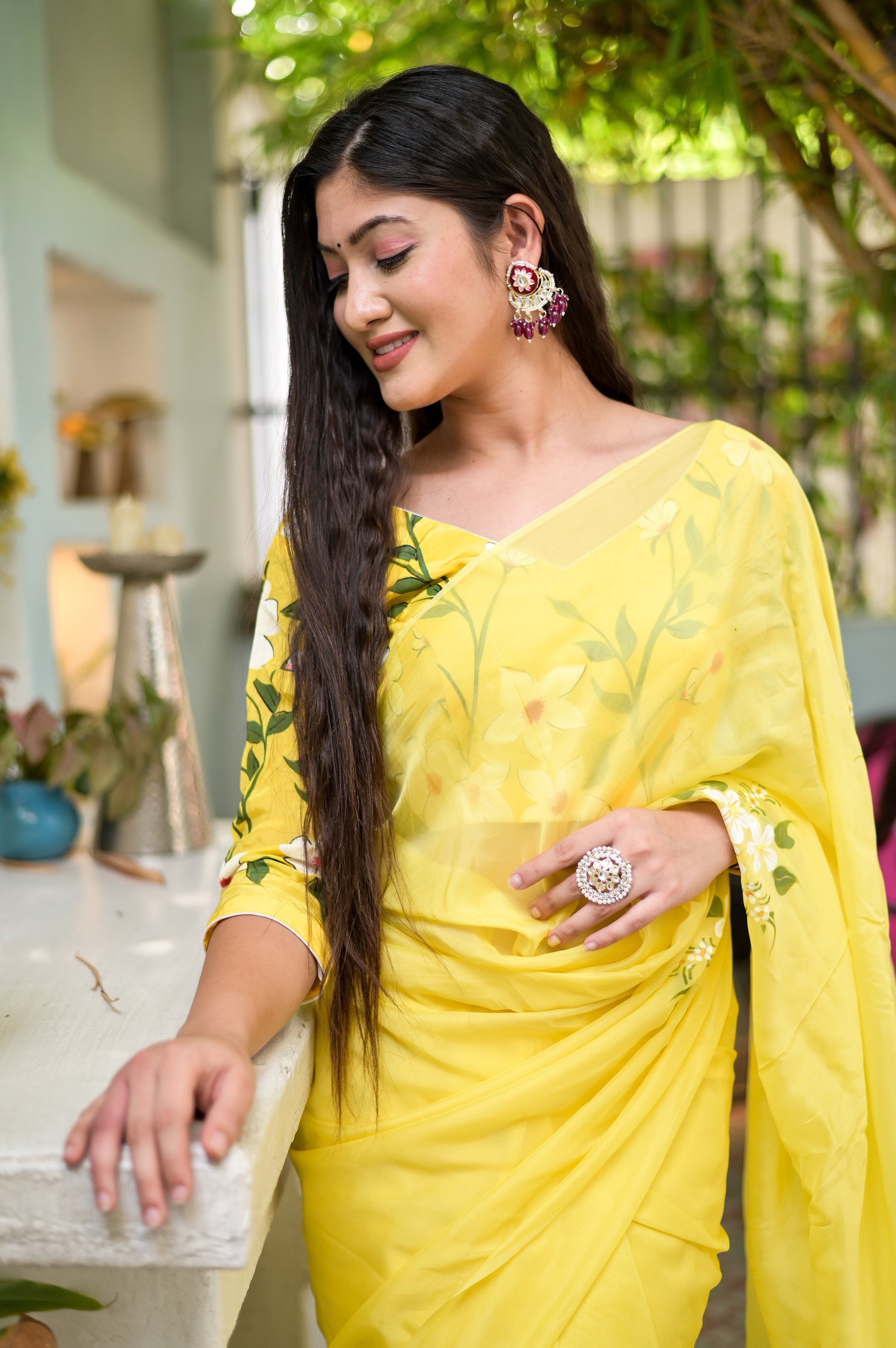 Artistic Yellow Viscose Silk Organza Handpainted Saree Floral