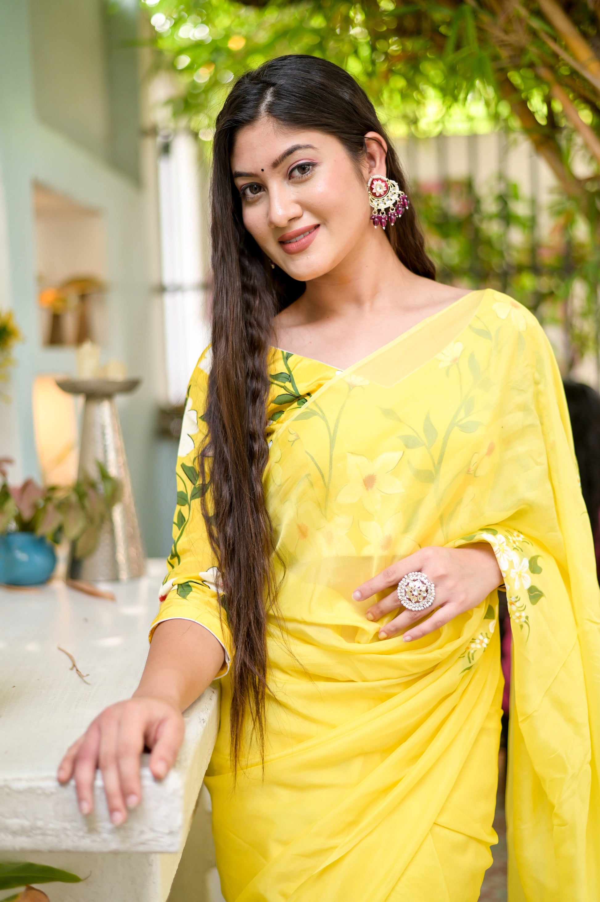 Artistic Yellow Viscose Silk Organza Handpainted Saree Floral