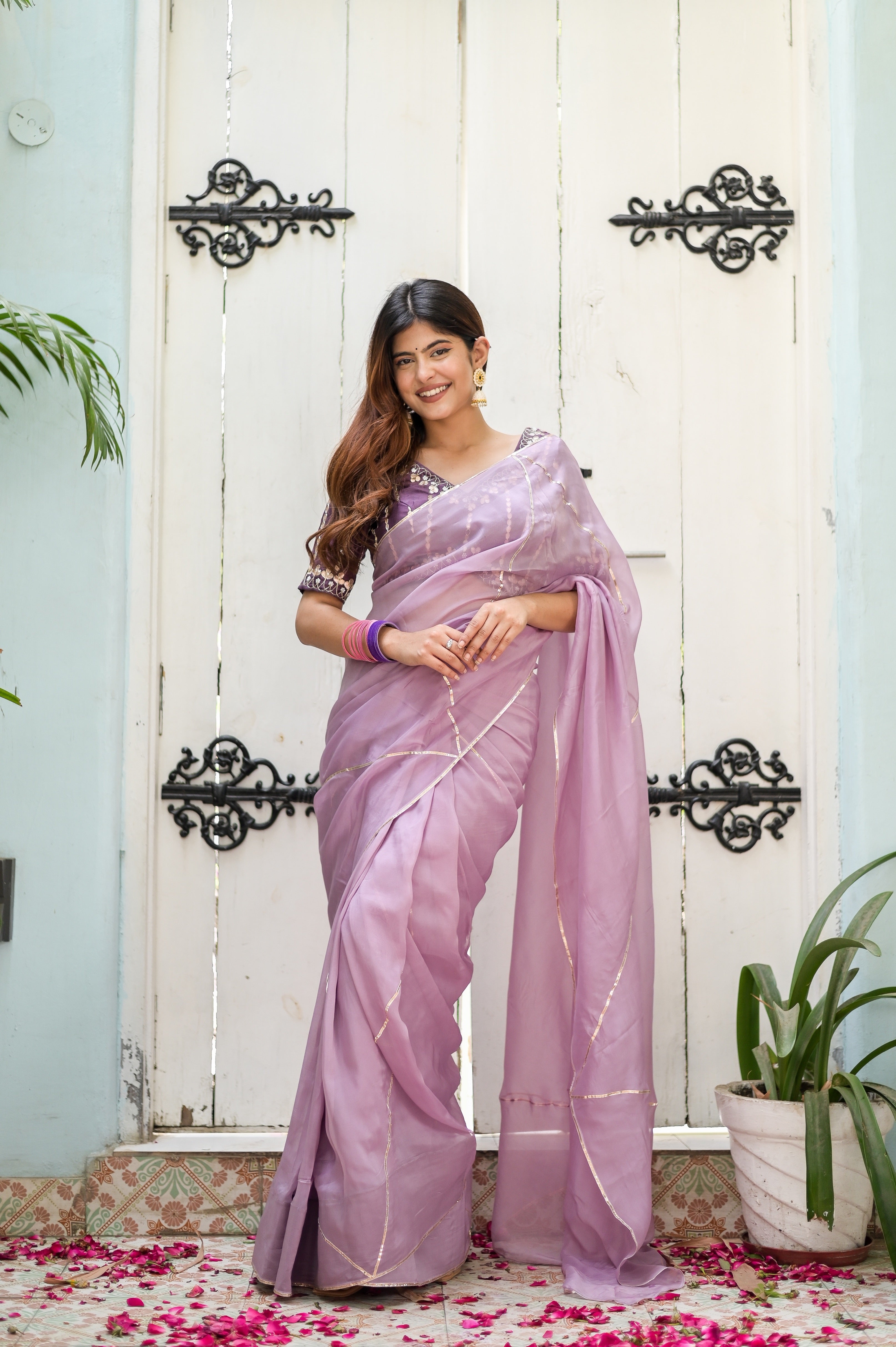 Regal Pink Silk Organza Saree Hand Embroidered Gota Blouse Geometric