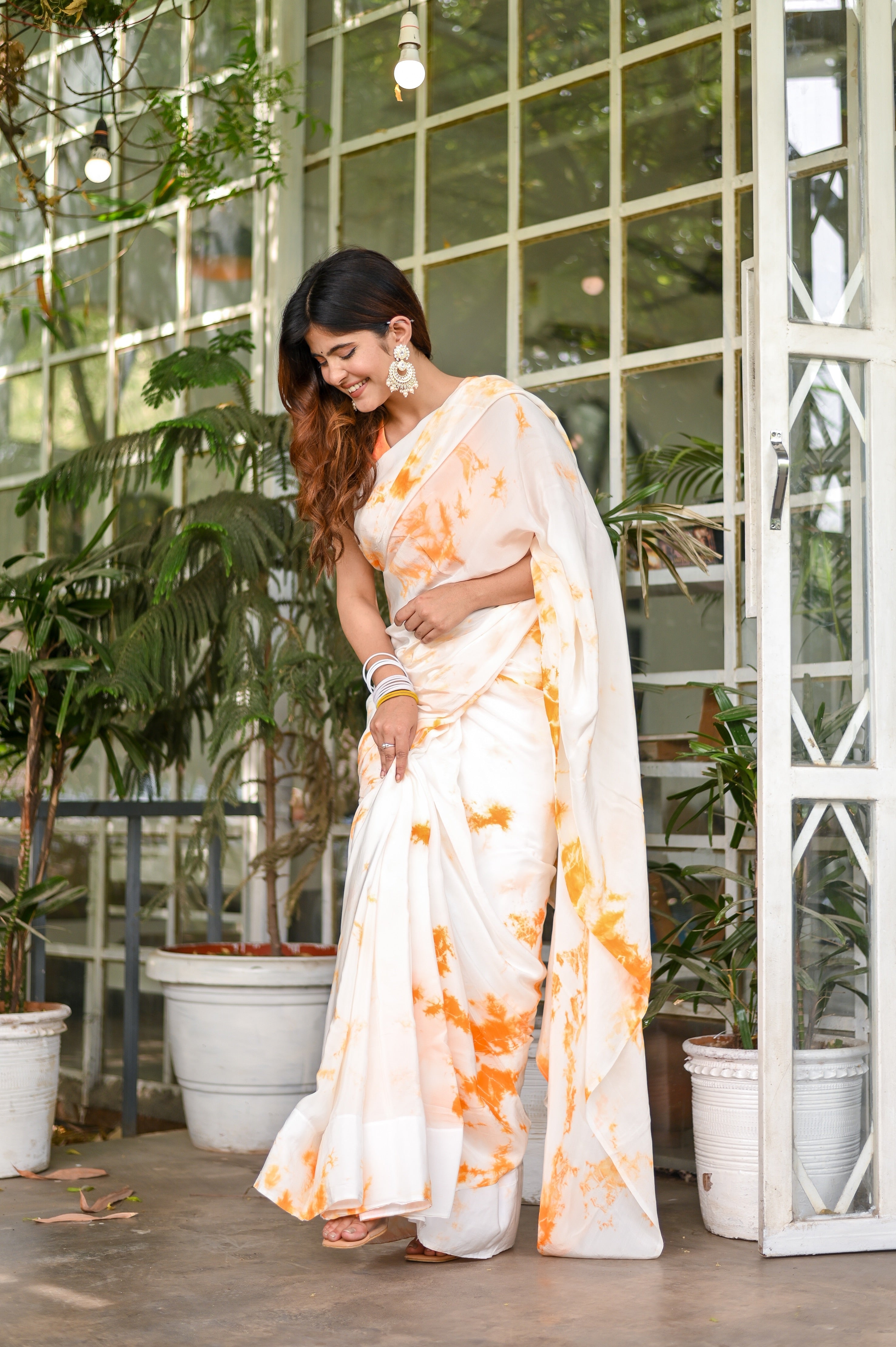 Mesmerizing Orange Satin Shibori Hand Dyed Saree Abstract