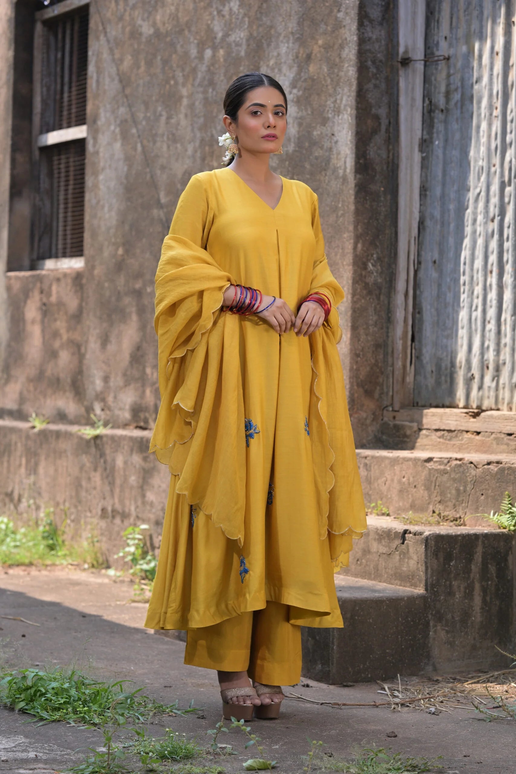 Vibrant Yellow Mustard Muslin Mul Chanderi Anarkali Kurta Set