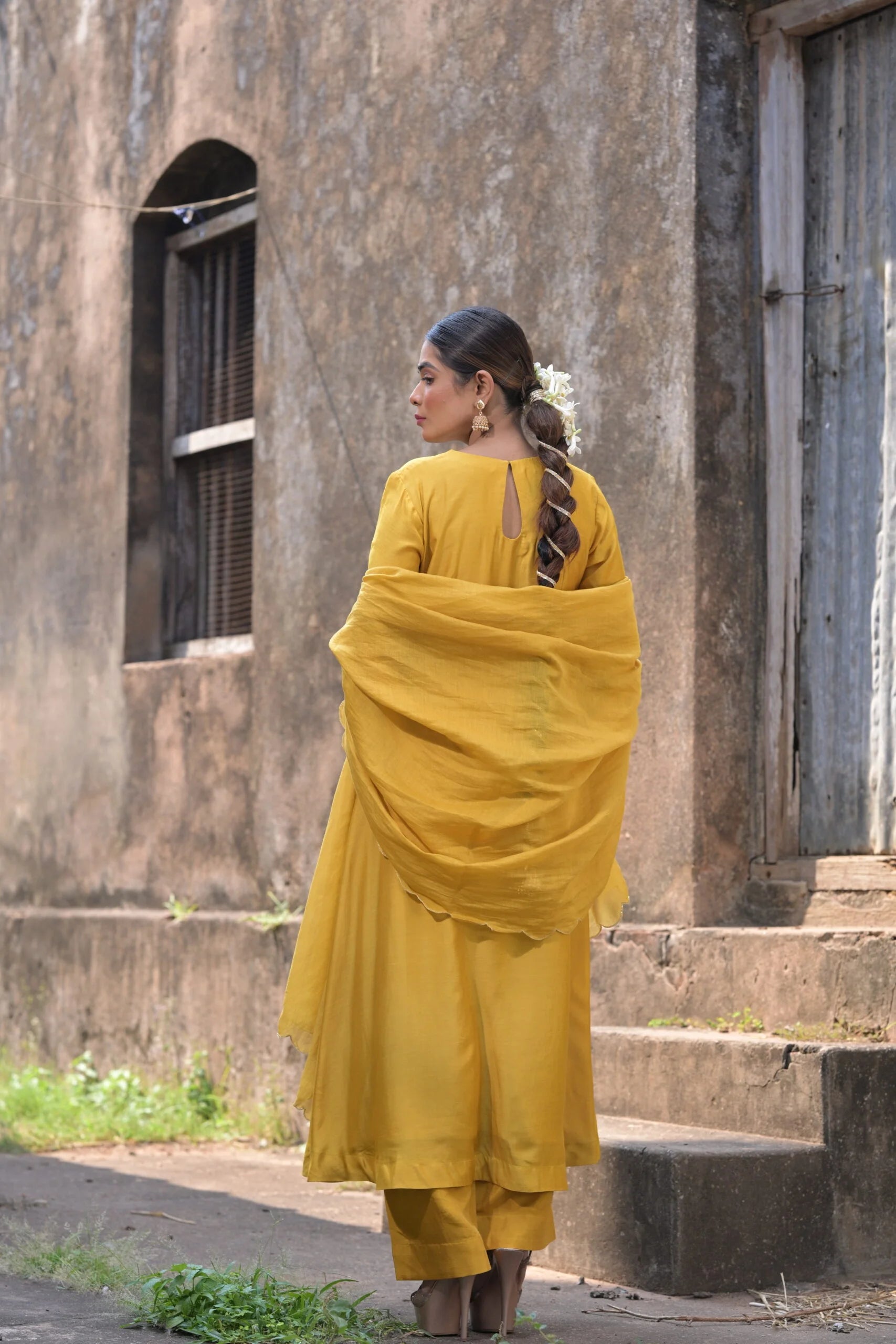 Vibrant Yellow Mustard Muslin Mul Chanderi Anarkali Kurta Set