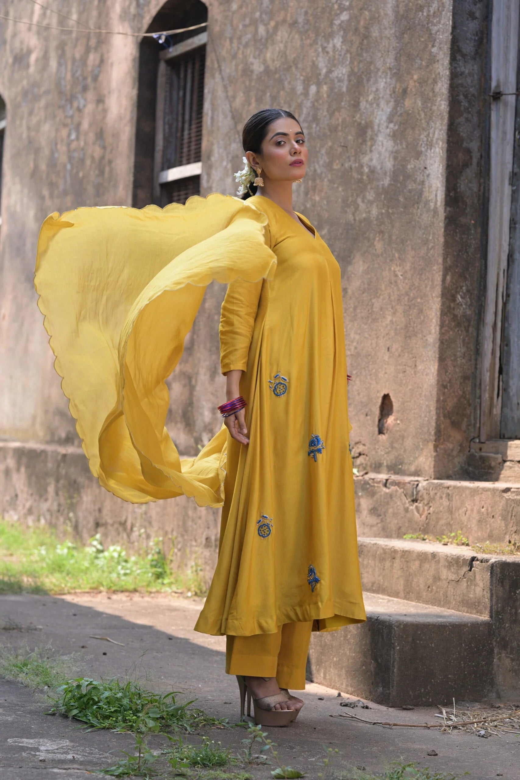 Vibrant Yellow Mustard Muslin Mul Chanderi Anarkali Kurta Set